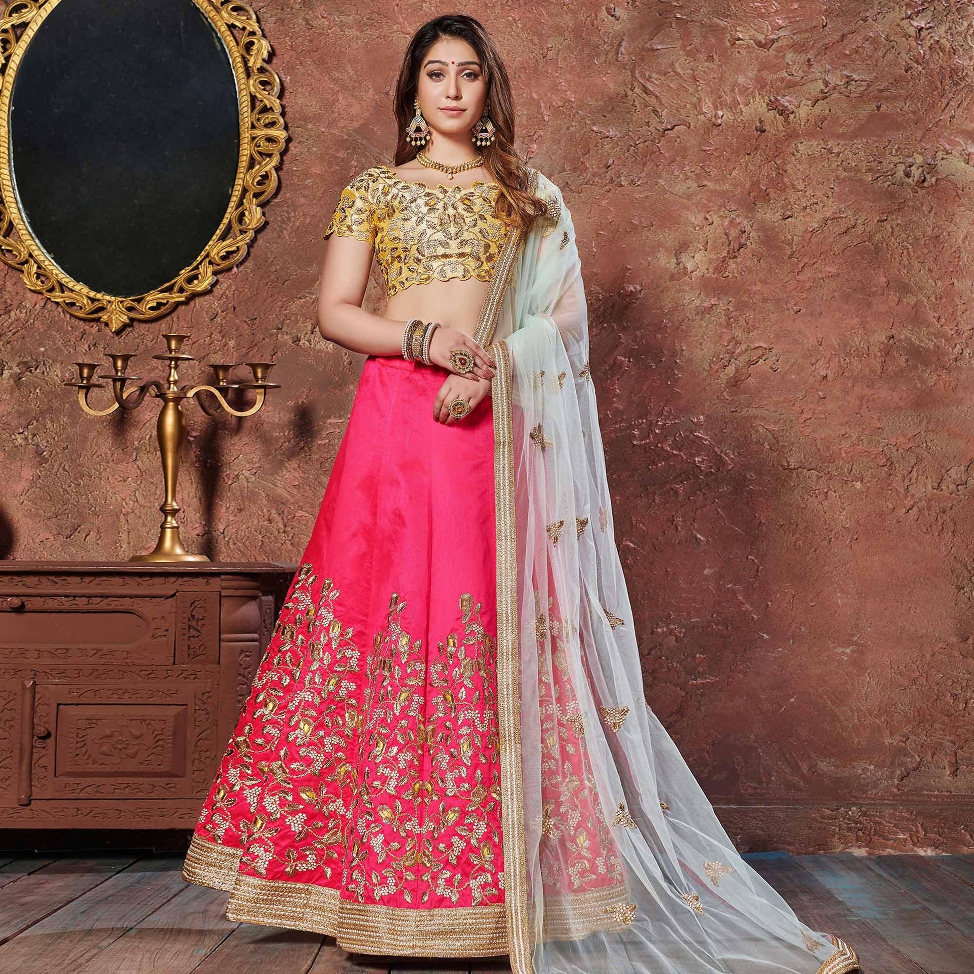 Entrancing Yellow-Pink Colored Wedding Wear Embroidered Mulberry Silk Lehenga Choli