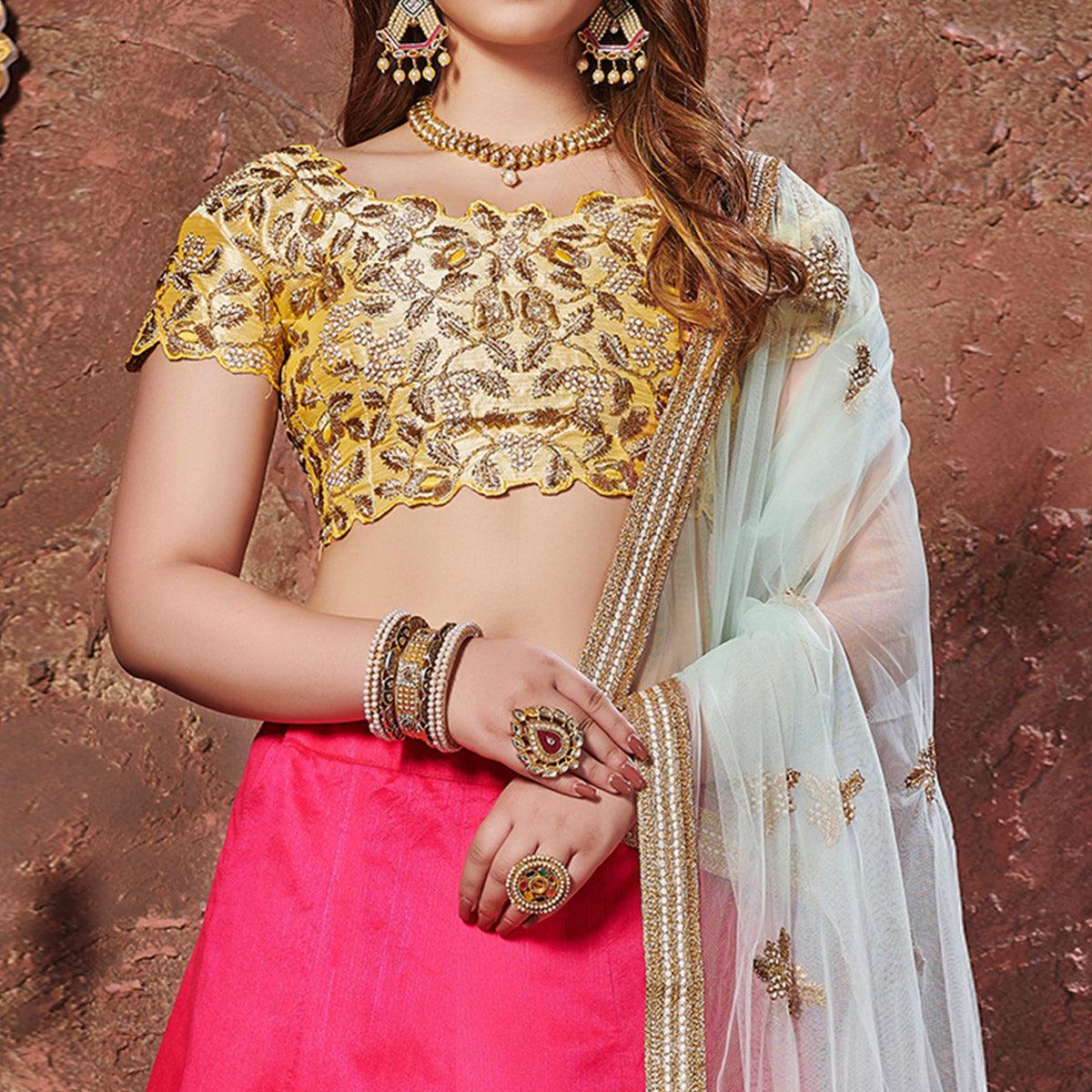 Entrancing Yellow-Pink Colored Wedding Wear Embroidered Mulberry Silk Lehenga Choli