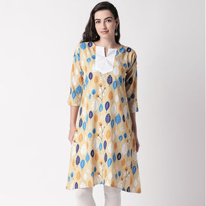 Ethnic Beige Colored Casual Wear Printed Crepe Kurti