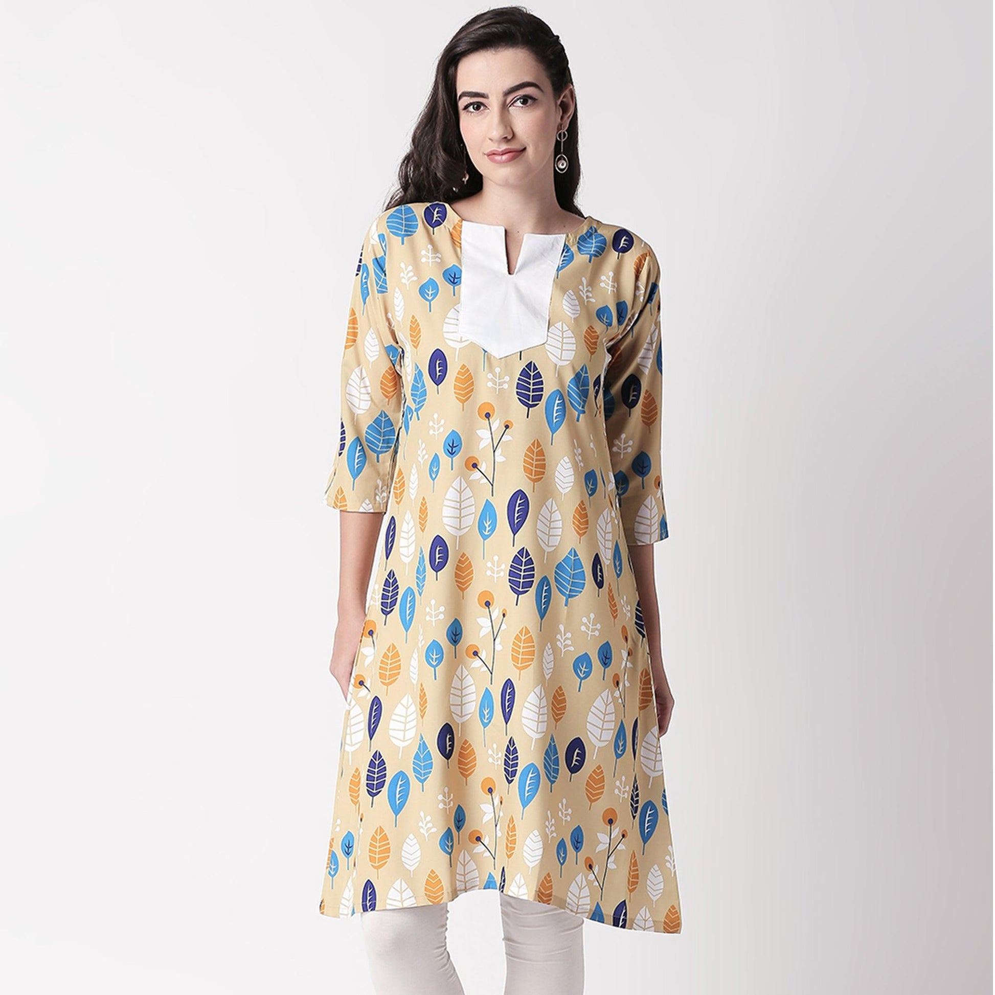Ethnic Beige Colored Casual Wear Printed Crepe Kurti