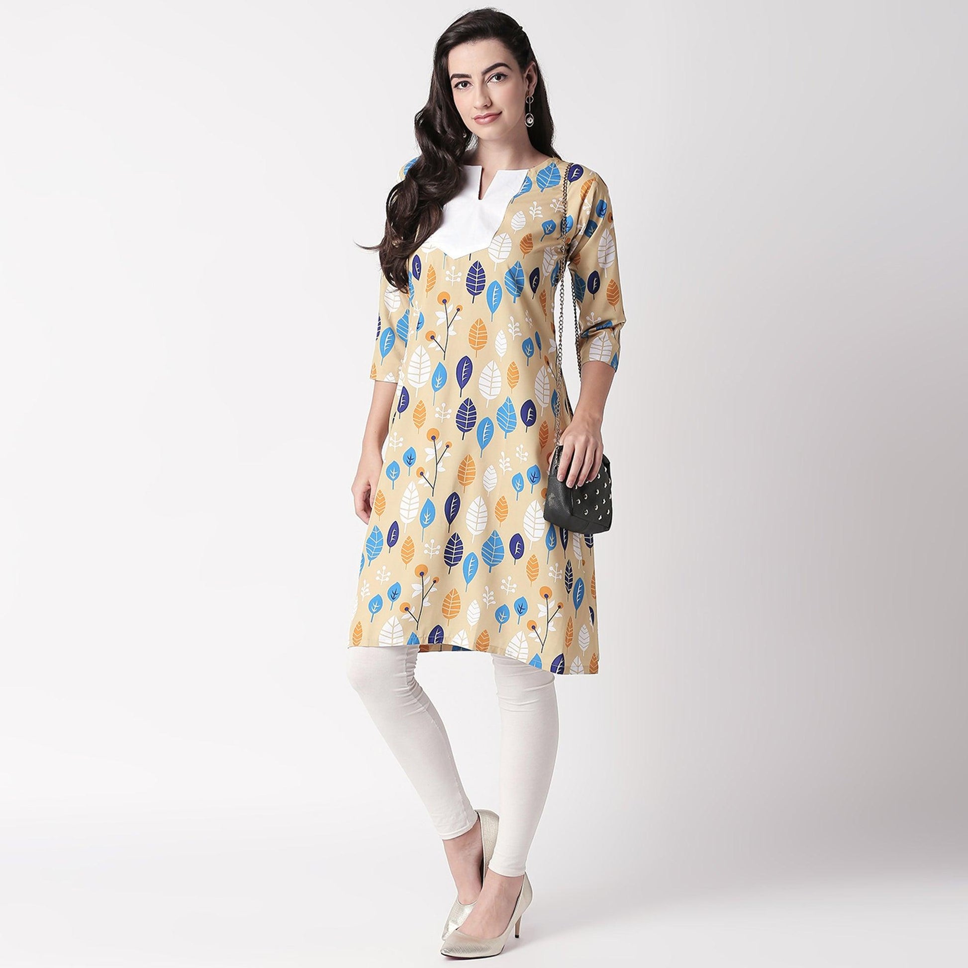 Ethnic Beige Colored Casual Wear Printed Crepe Kurti