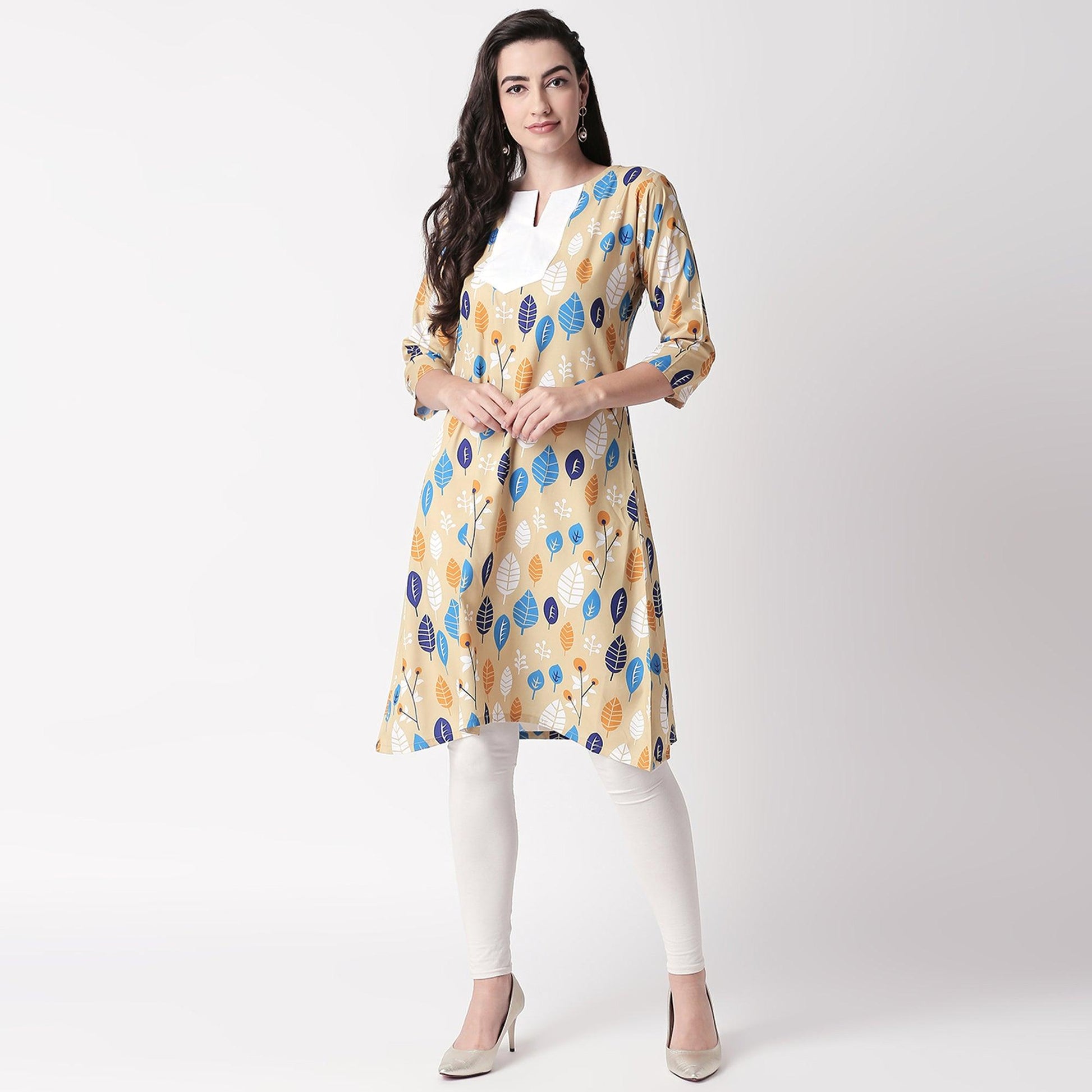 Ethnic Beige Colored Casual Wear Printed Crepe Kurti