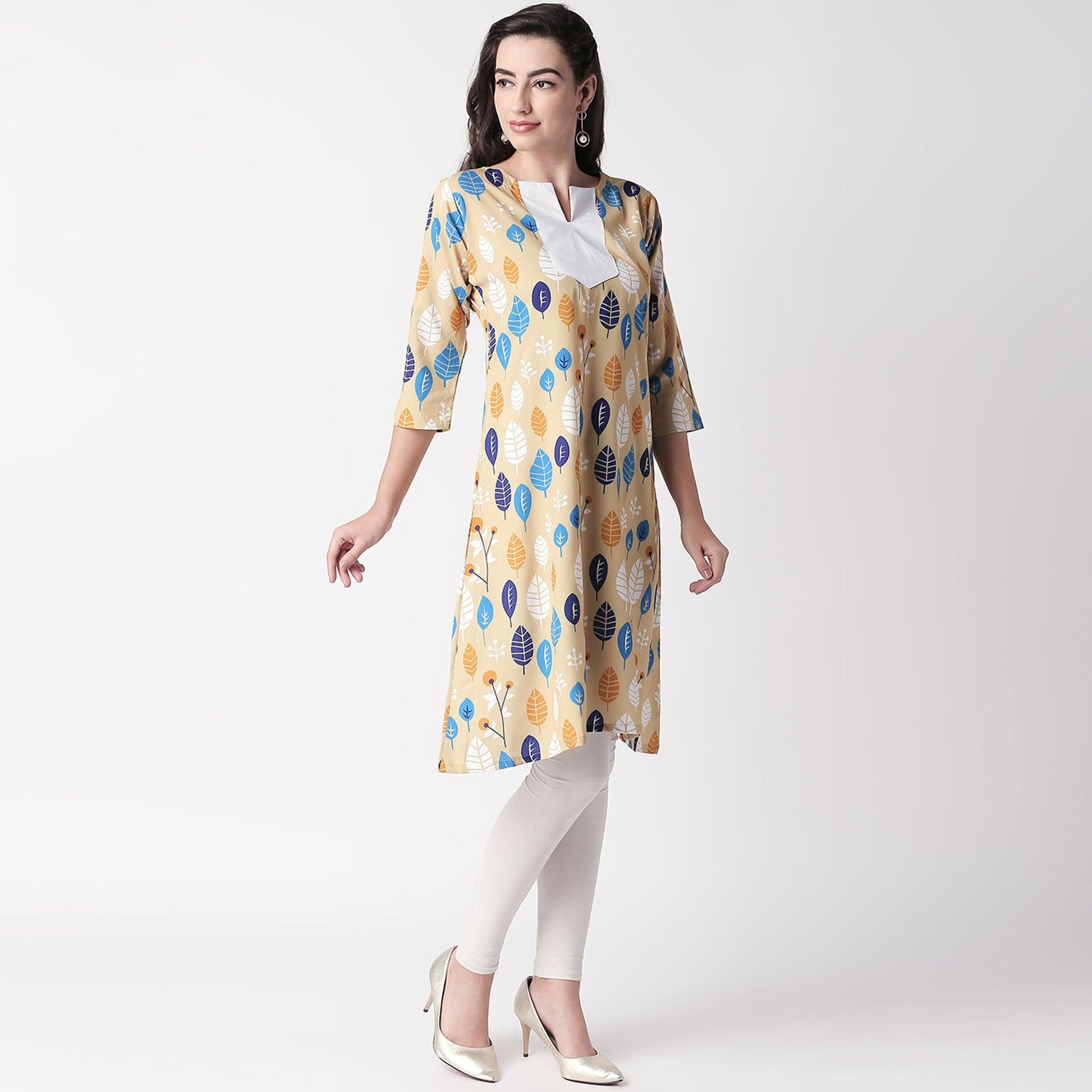 Ethnic Beige Colored Casual Wear Printed Crepe Kurti