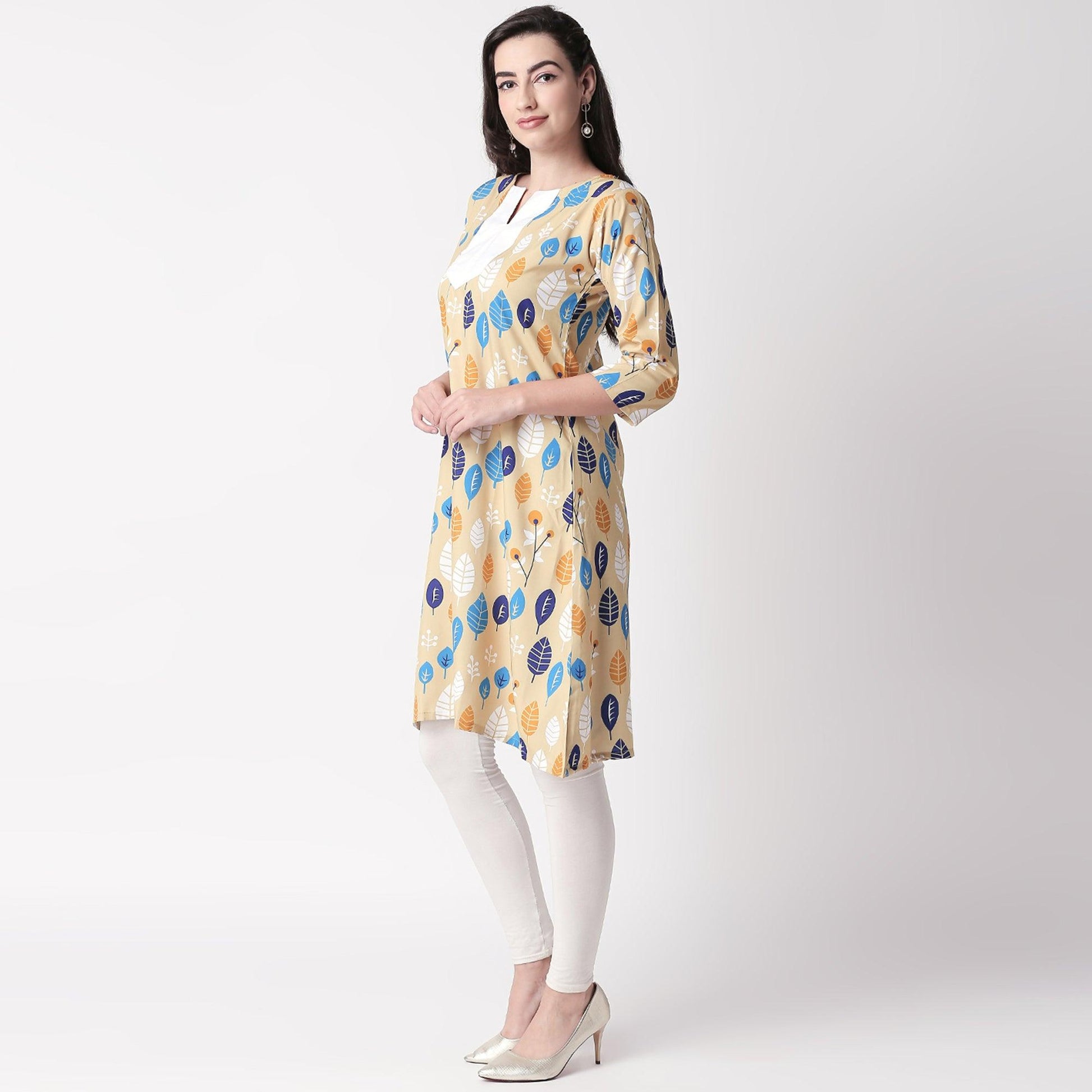 Ethnic Beige Colored Casual Wear Printed Crepe Kurti