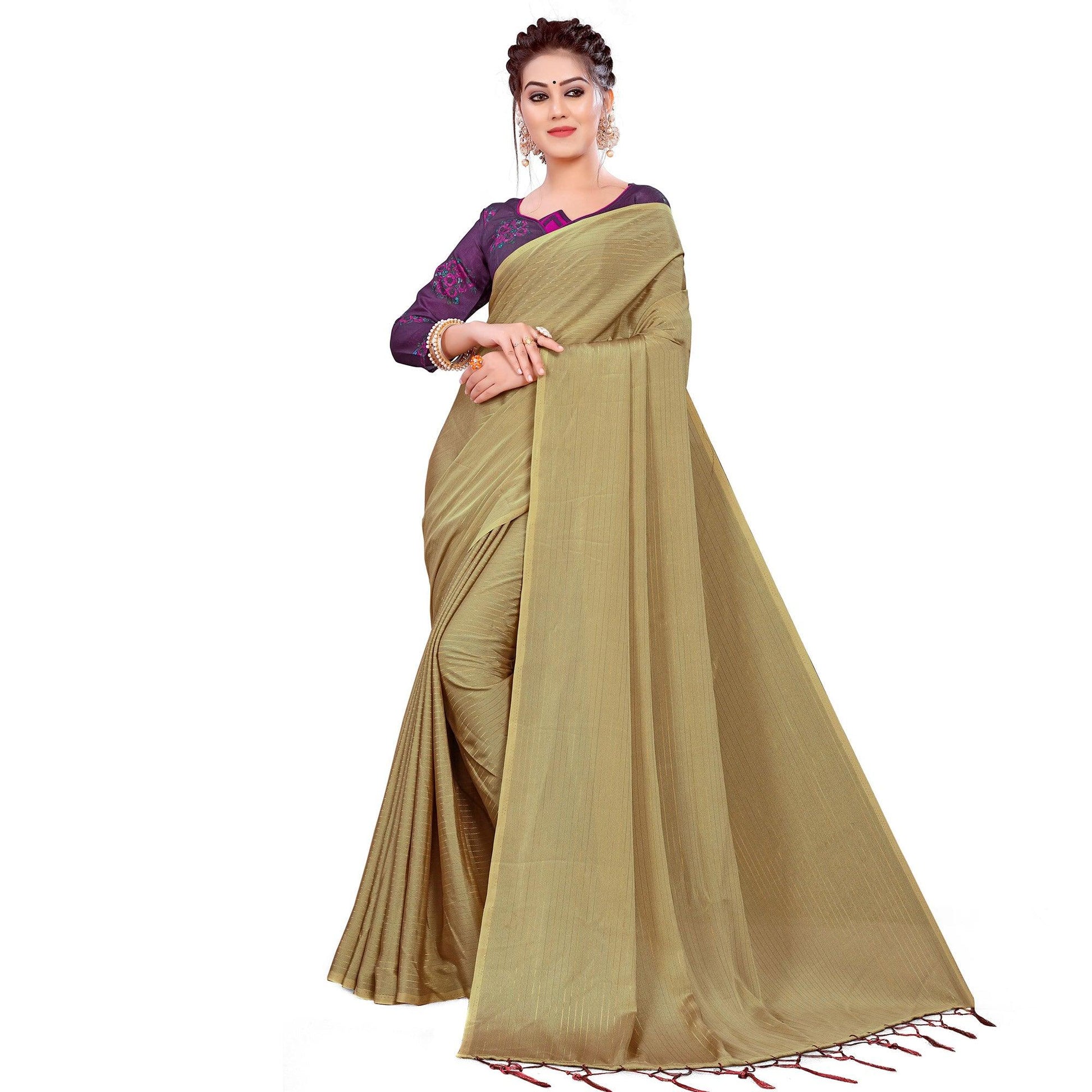 Ethnic Beige Colored Party Wear Printed Georgette Saree With Tassels