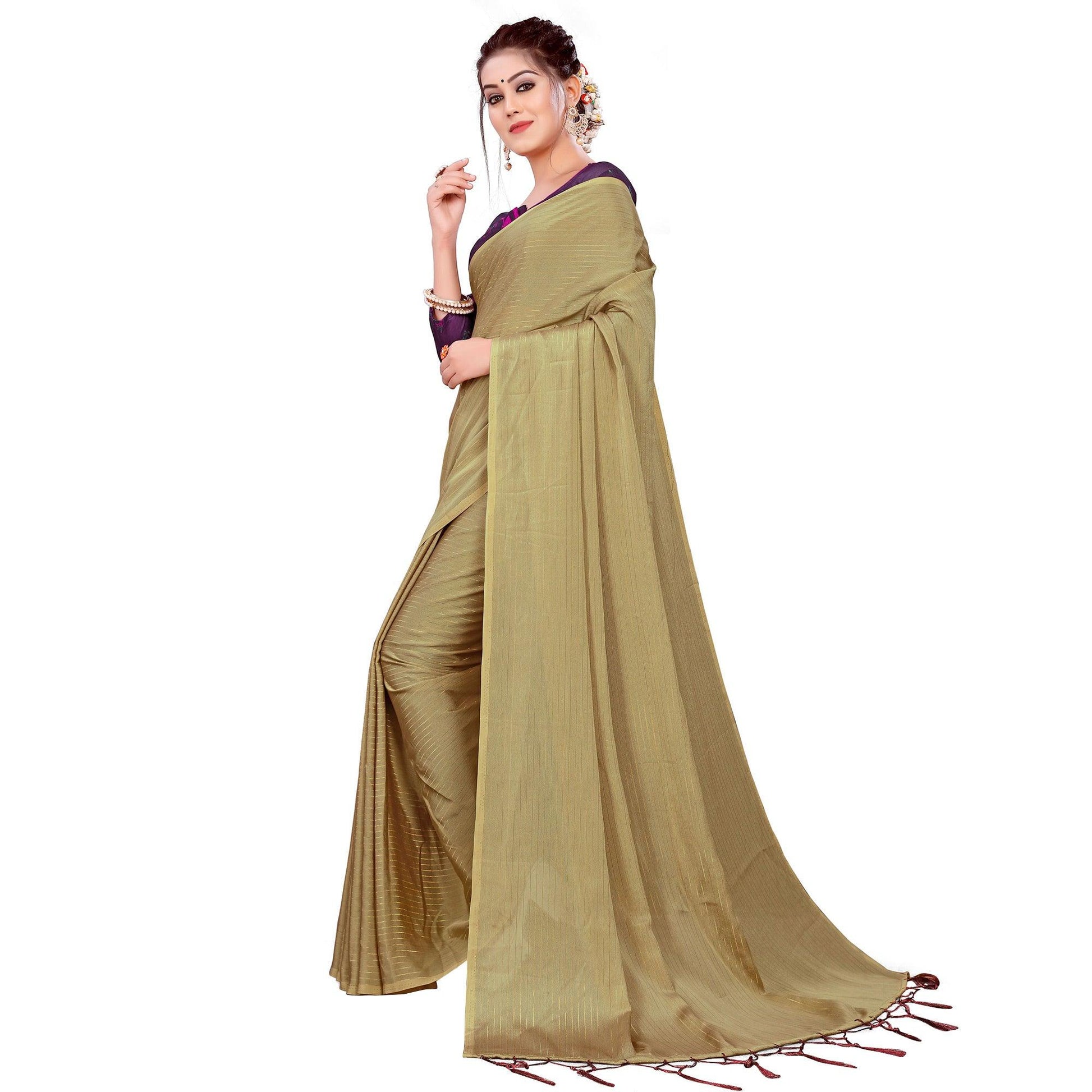 Ethnic Beige Colored Party Wear Printed Georgette Saree With Tassels