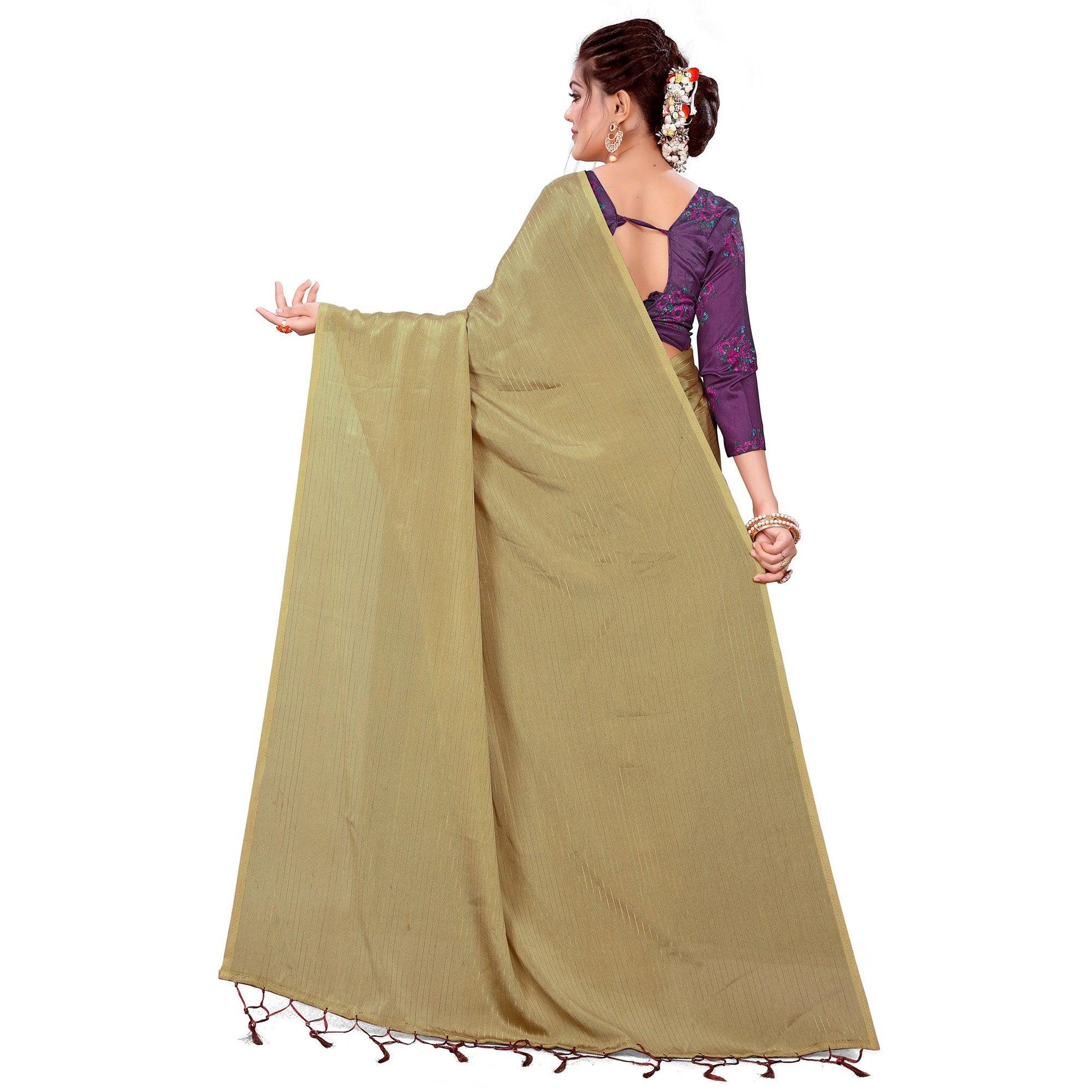 Ethnic Beige Colored Party Wear Printed Georgette Saree With Tassels