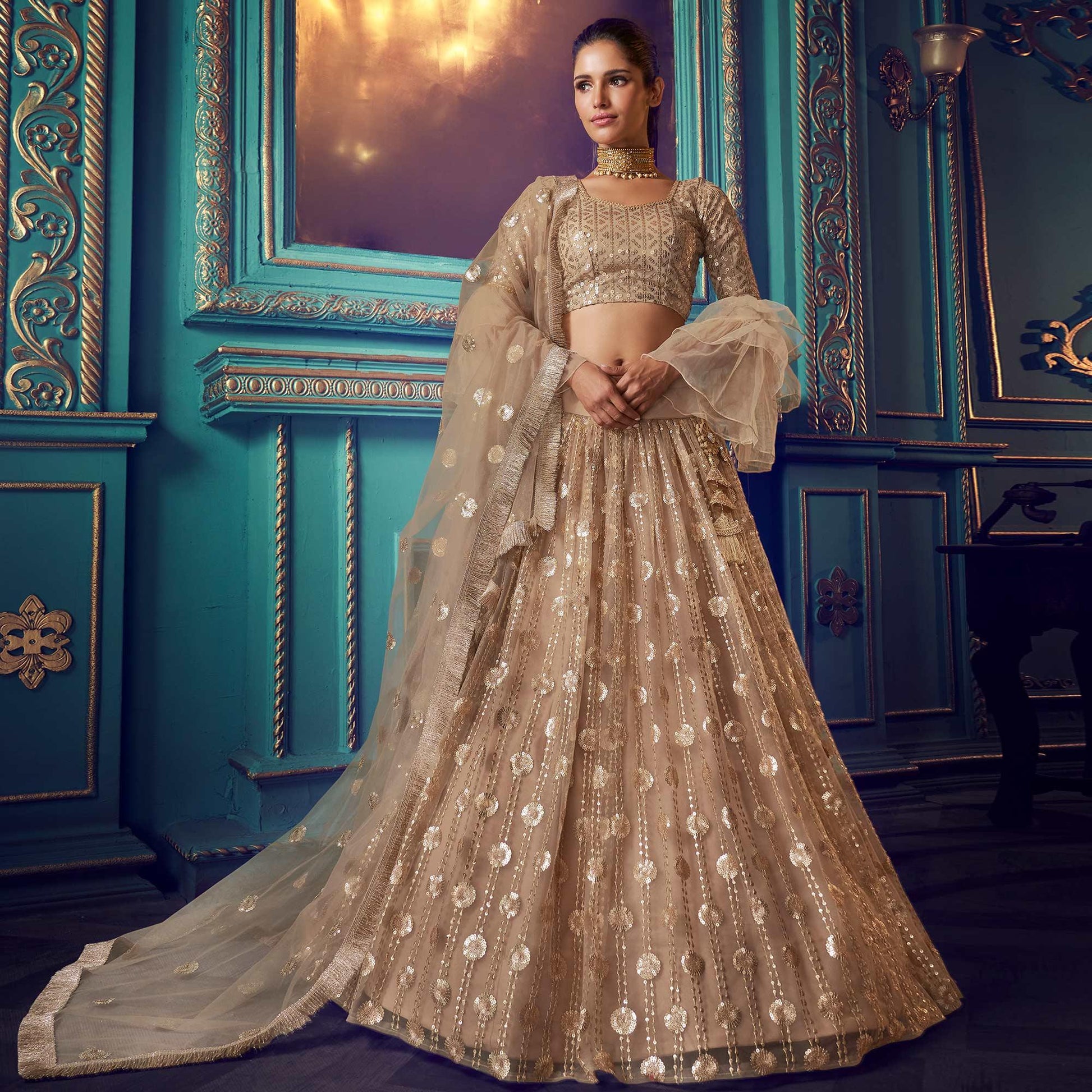 Ethnic Beige Colored Partywear Embroidered Soft Net Lehenga Choli