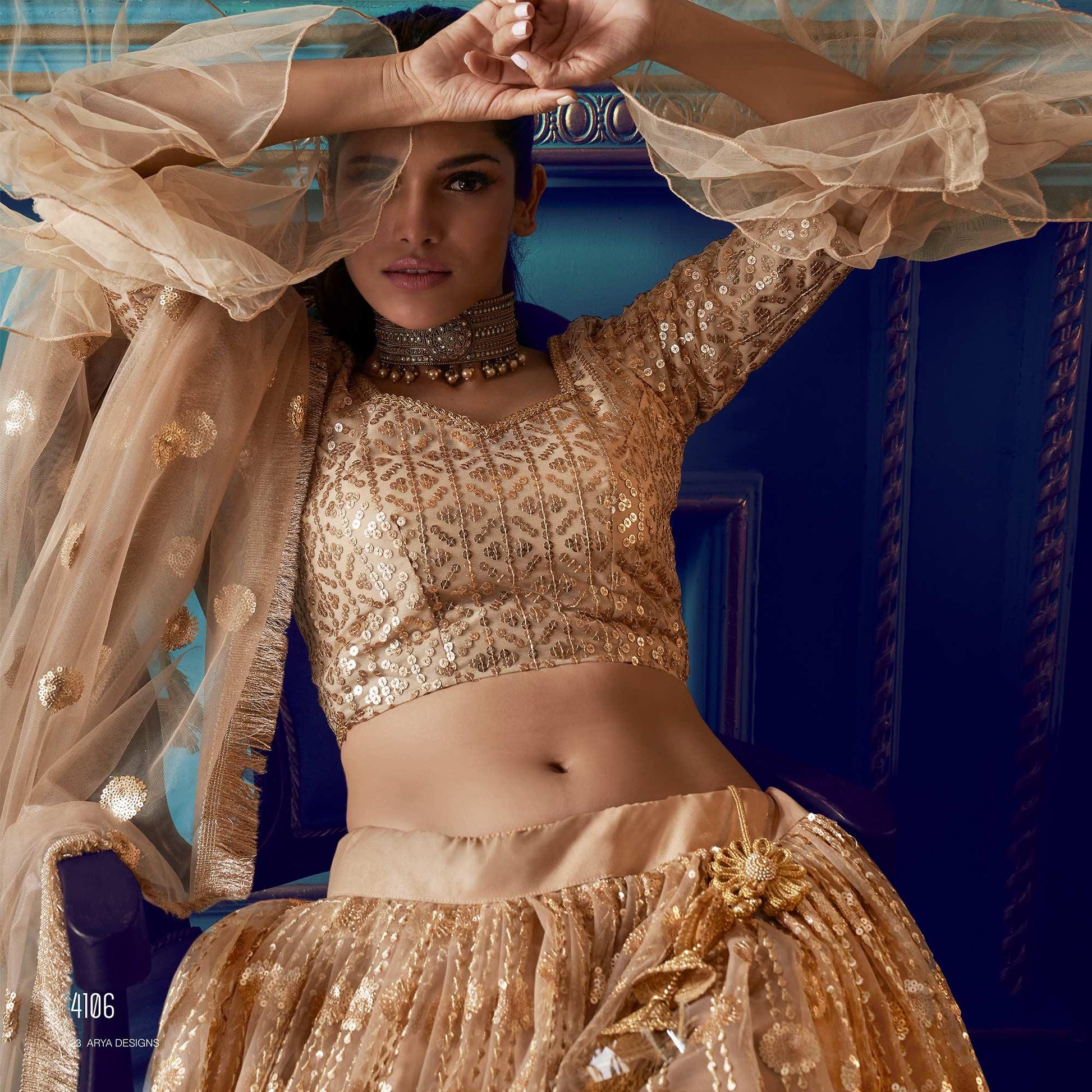 Ethnic Beige Colored Partywear Embroidered Soft Net Lehenga Choli