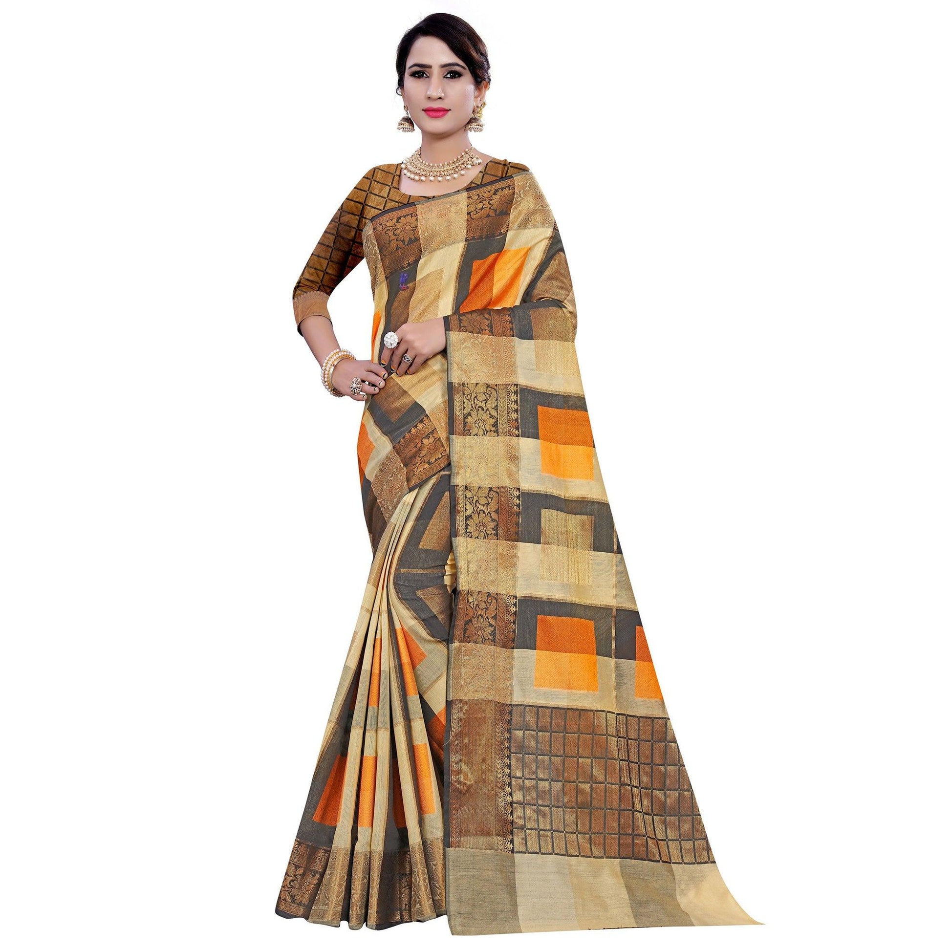Ethnic Beige-Orange Colored Casual Printed Pure Cotton Jacquard Saree