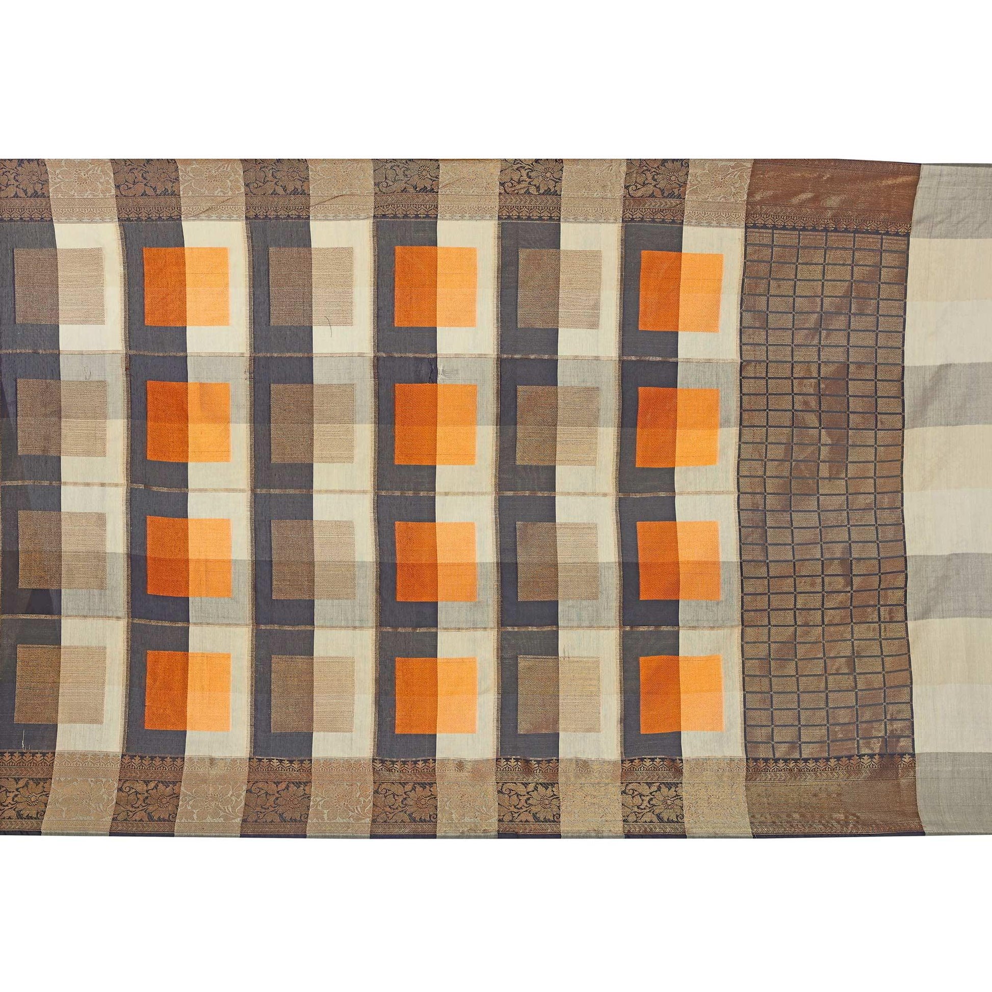 Ethnic Beige-Orange Colored Casual Printed Pure Cotton Jacquard Saree