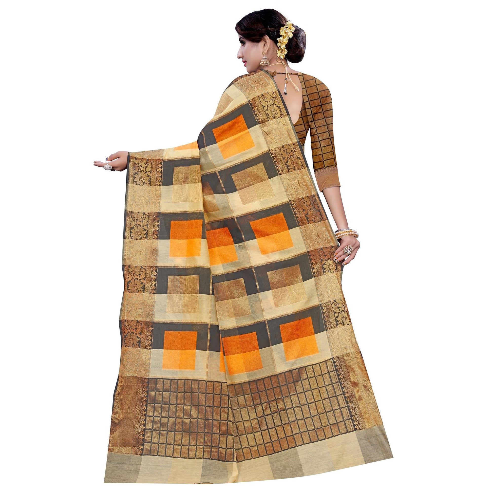 Ethnic Beige-Orange Colored Casual Printed Pure Cotton Jacquard Saree