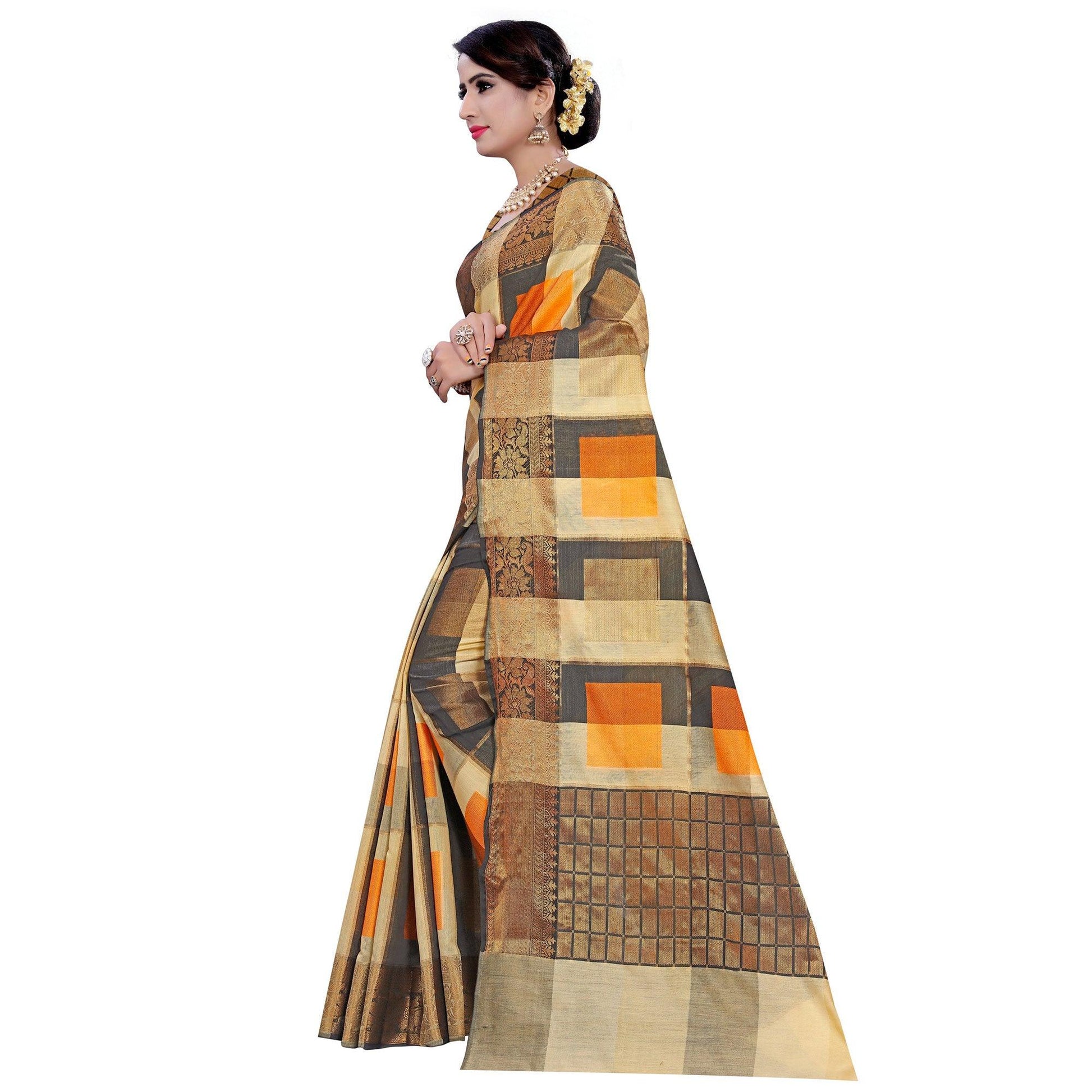 Ethnic Beige-Orange Colored Casual Printed Pure Cotton Jacquard Saree