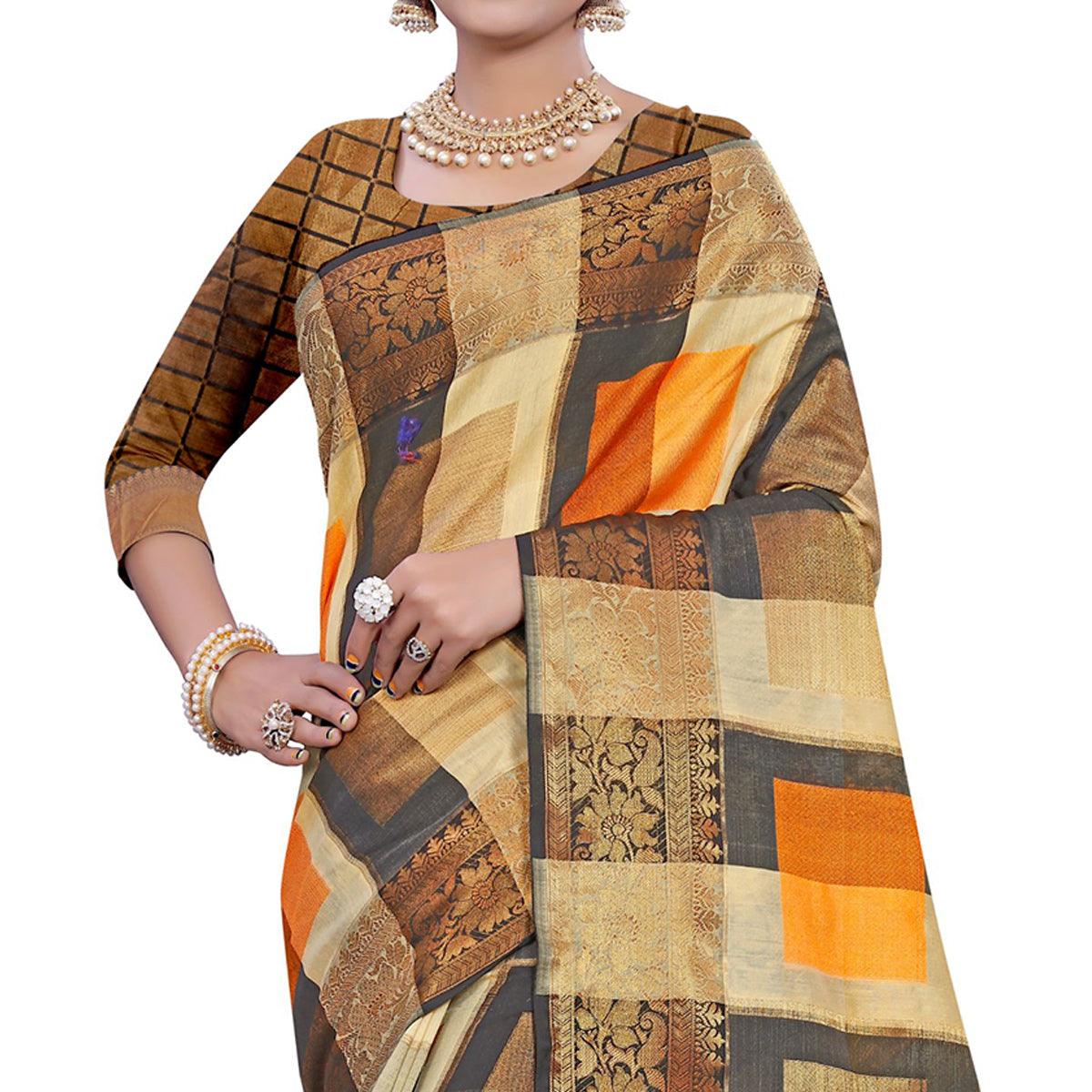 Ethnic Beige-Orange Colored Casual Printed Pure Cotton Jacquard Saree