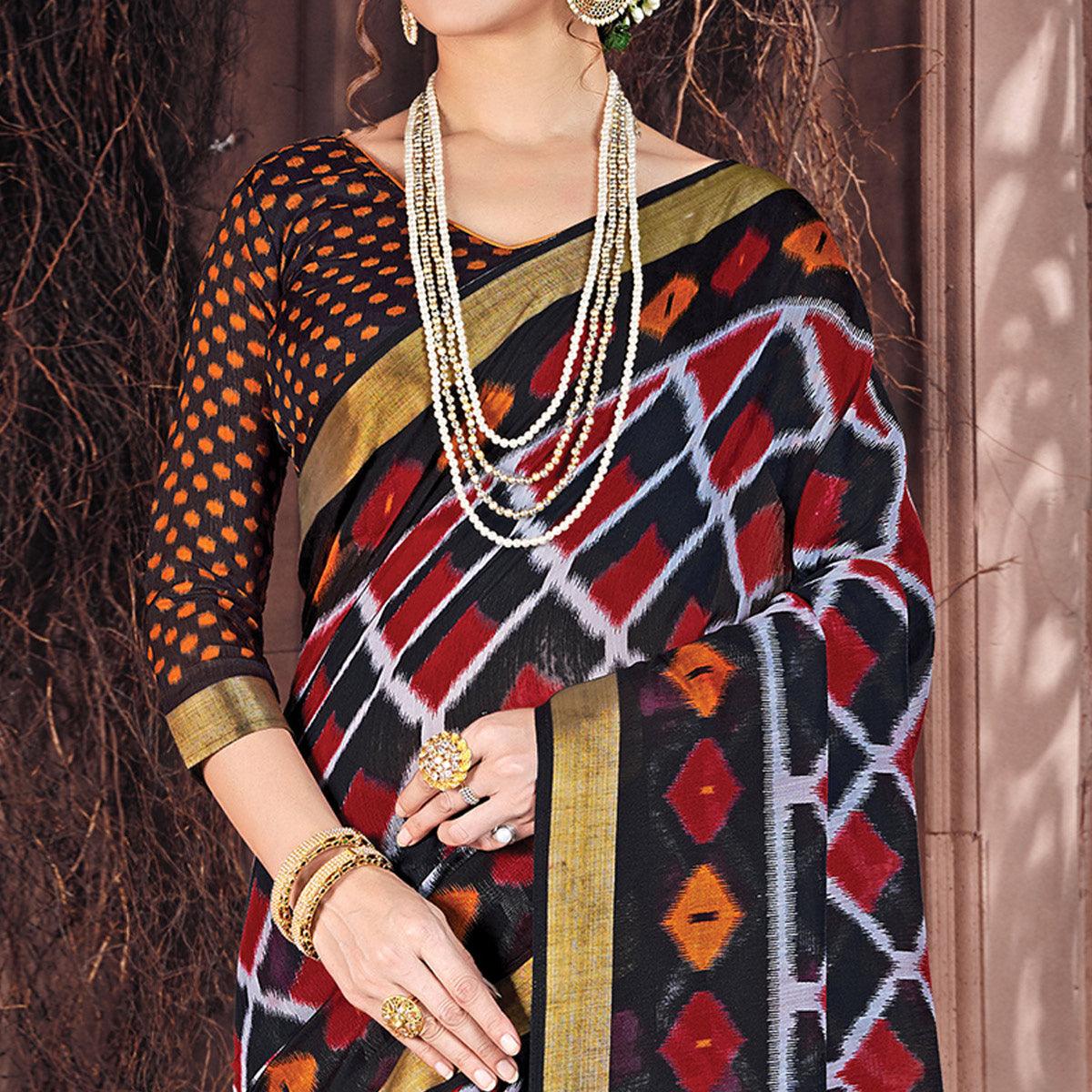 Ethnic Black Colored Casual Wear Printed Cotton Saree