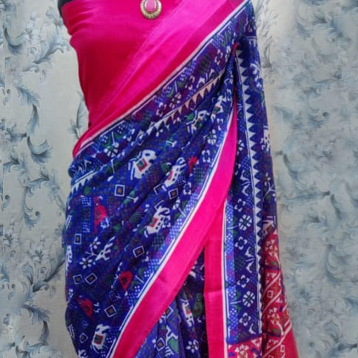 Ethnic Blue Colored Casual Wear Printed Cotton Saree