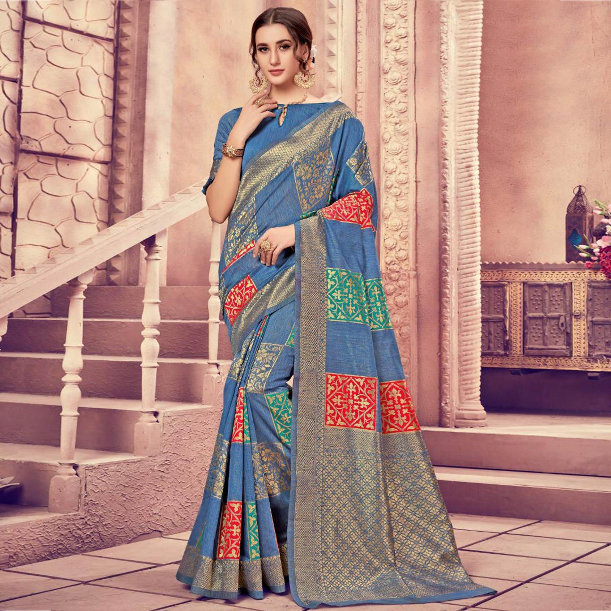 Ethnic Blue Colored Festive Wear Woven Cotton Silk Saree