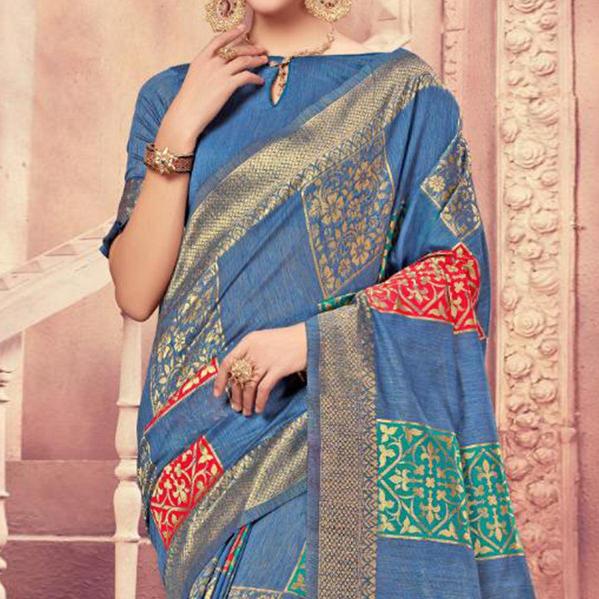 Ethnic Blue Colored Festive Wear Woven Cotton Silk Saree