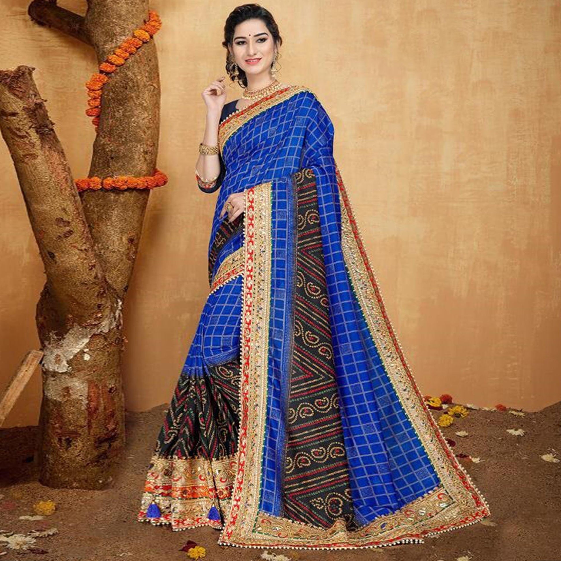 Ethnic Blue Colored Festive Wear Zari Work Vichitra Silk Saree