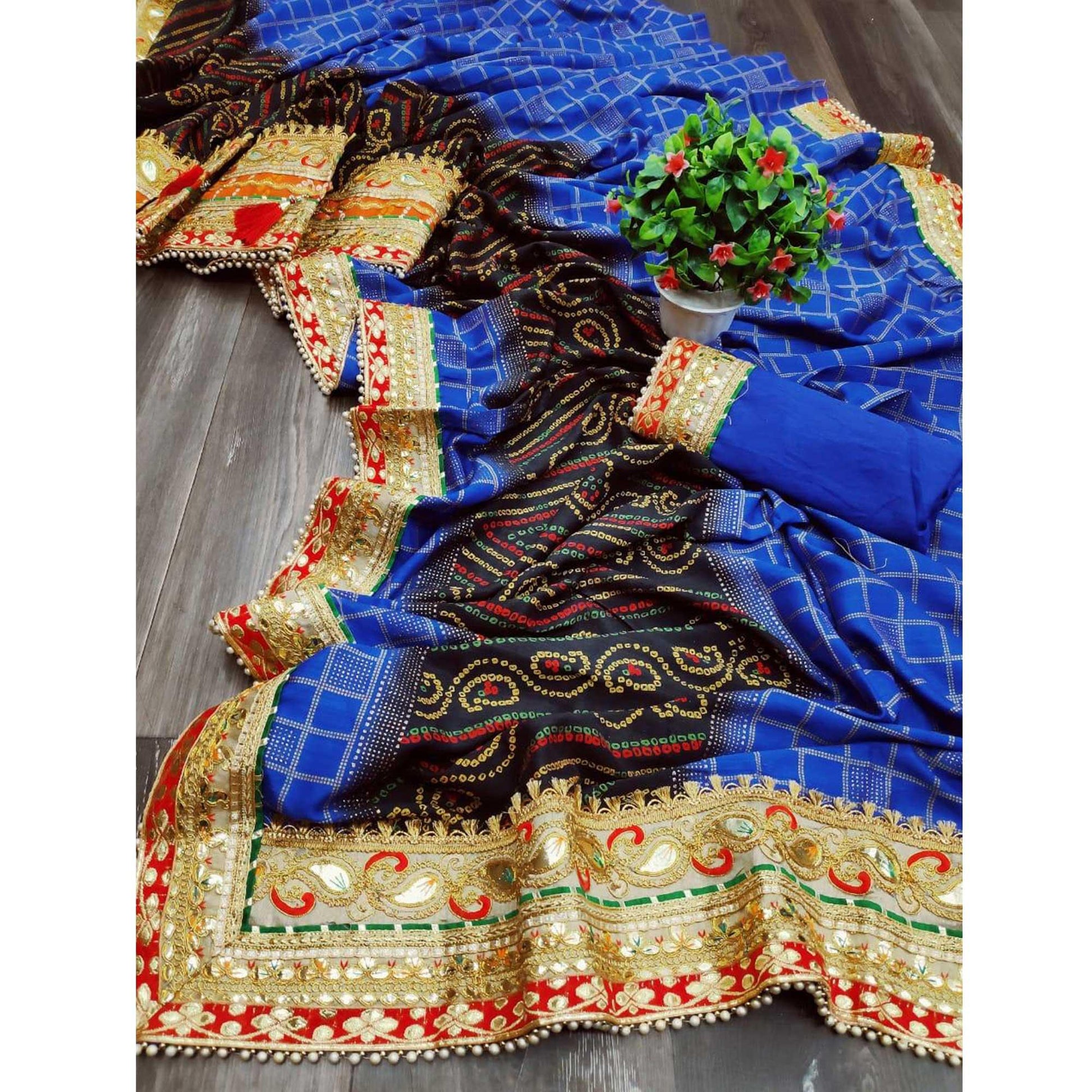 Ethnic Blue Colored Festive Wear Zari Work Vichitra Silk Saree