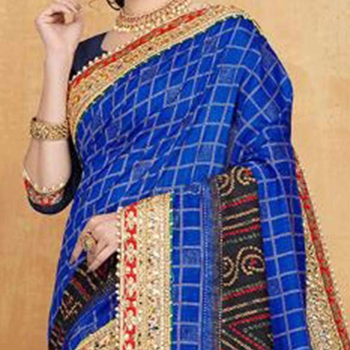 Ethnic Blue Colored Festive Wear Zari Work Vichitra Silk Saree