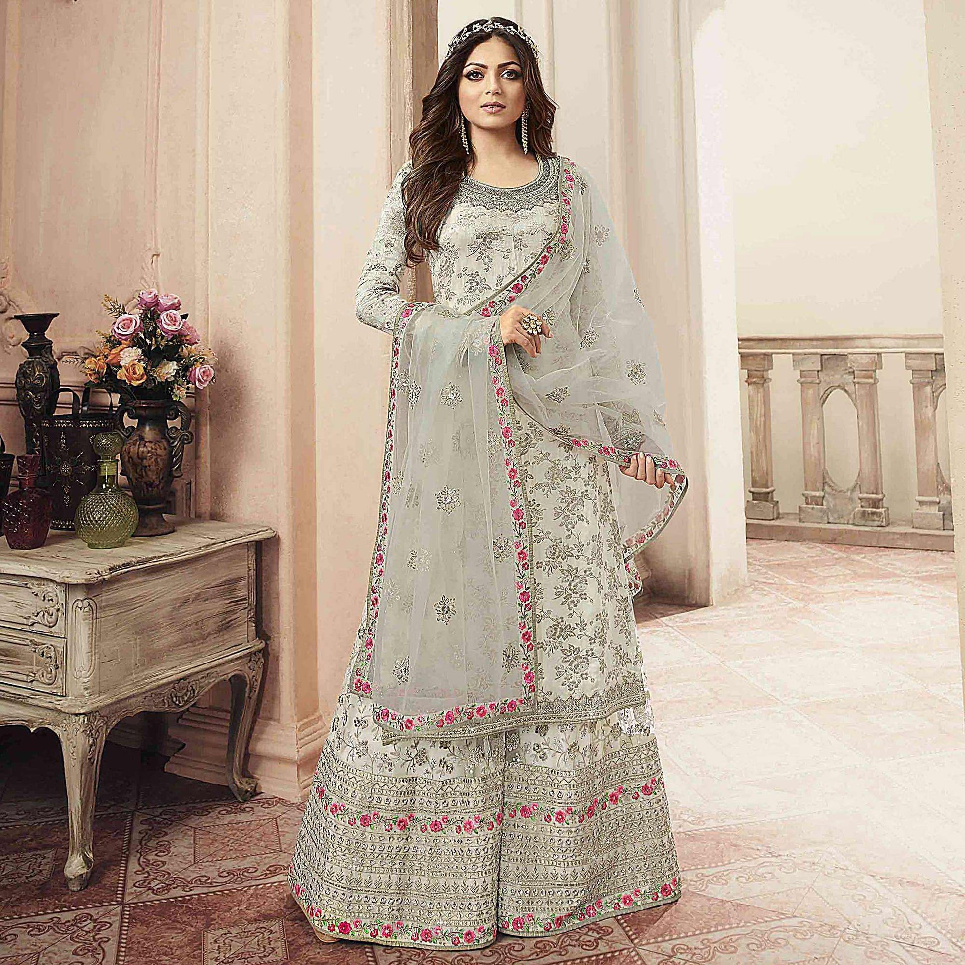 Ethnic Cream Colored designer Partywear Embroidered Dola Jacquard Palazzo Suit