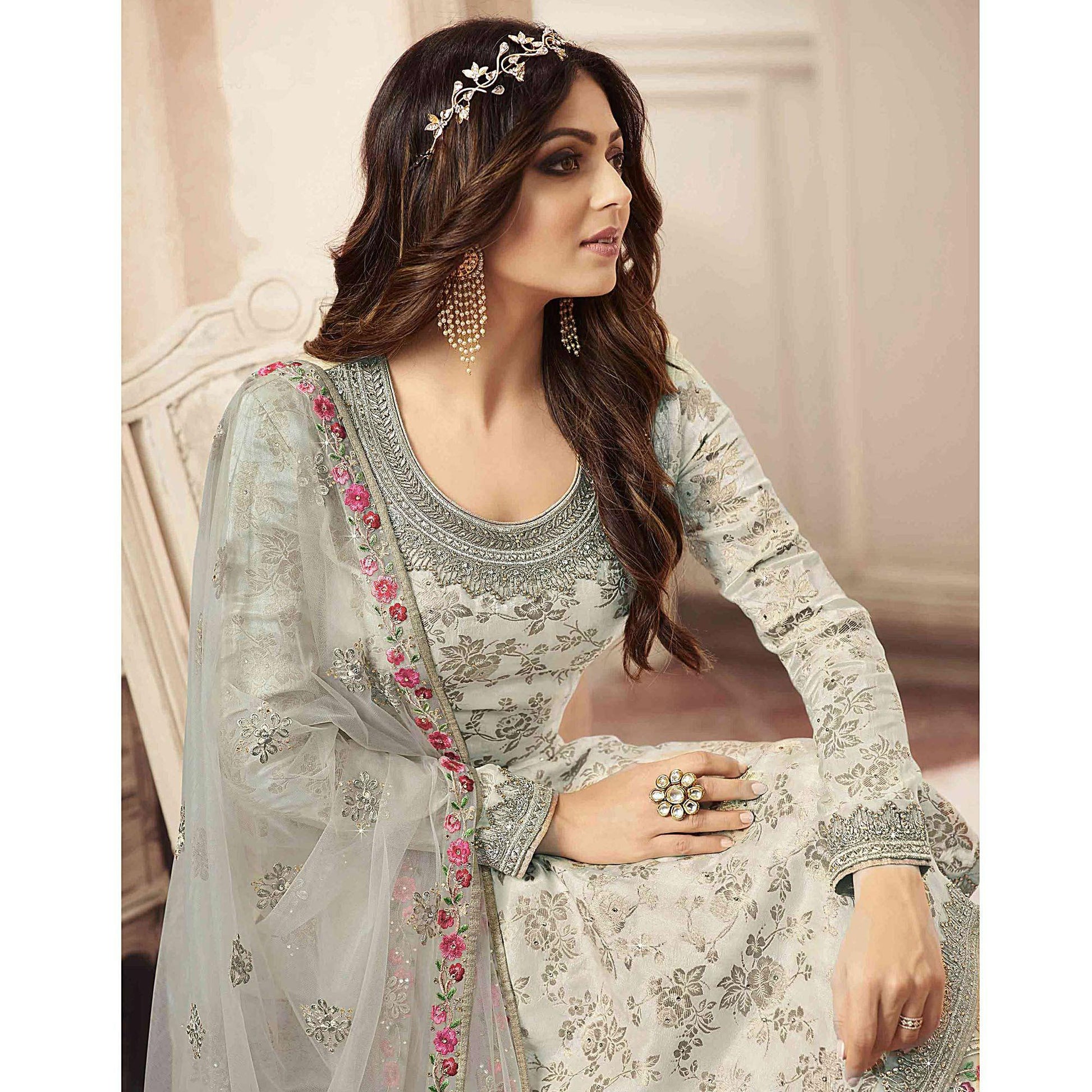 Ethnic Cream Colored designer Partywear Embroidered Dola Jacquard Palazzo Suit