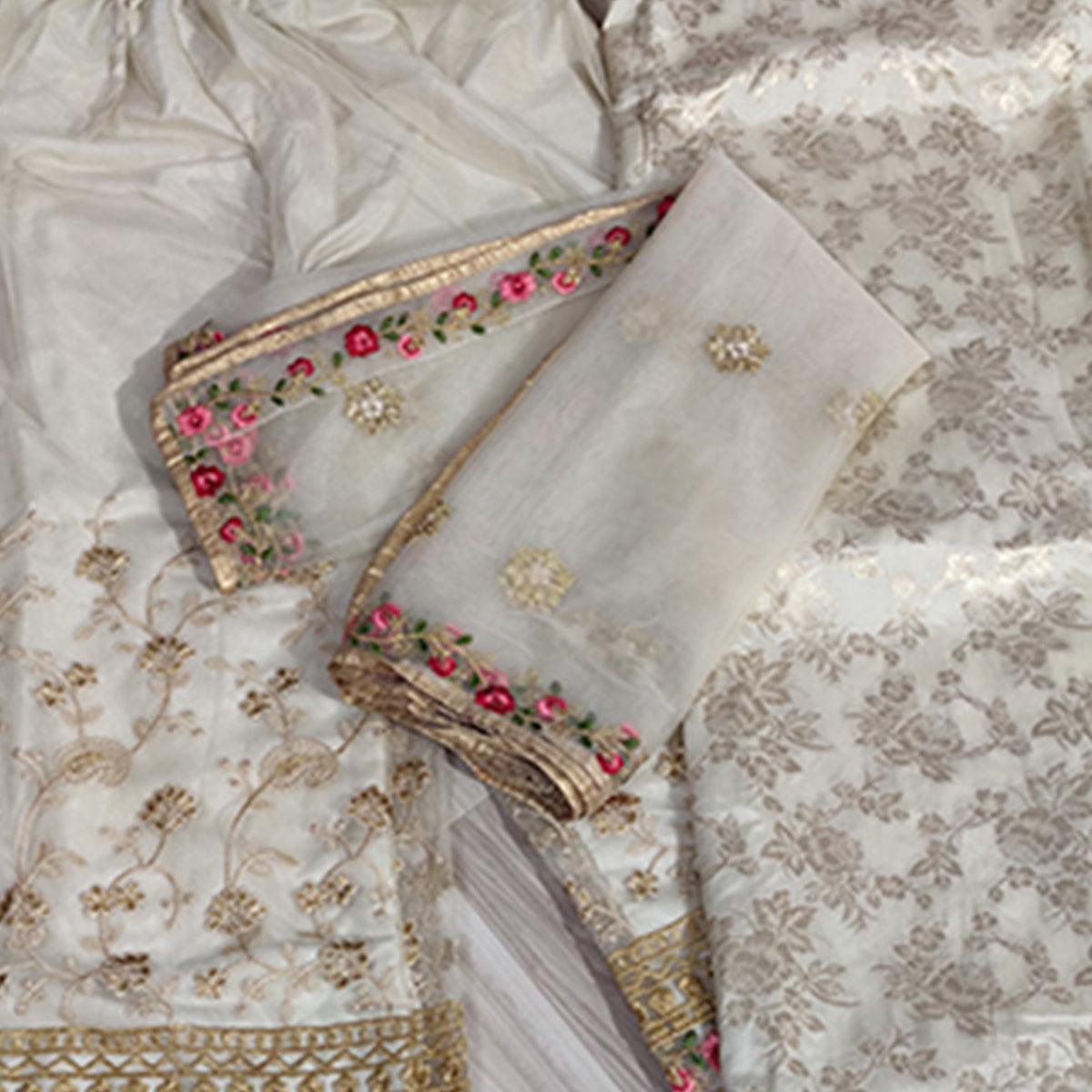 Ethnic Cream Colored designer Partywear Embroidered Dola Jacquard Palazzo Suit
