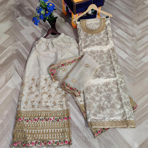 Ethnic Cream Colored designer Partywear Embroidered Dola Jacquard Palazzo Suit