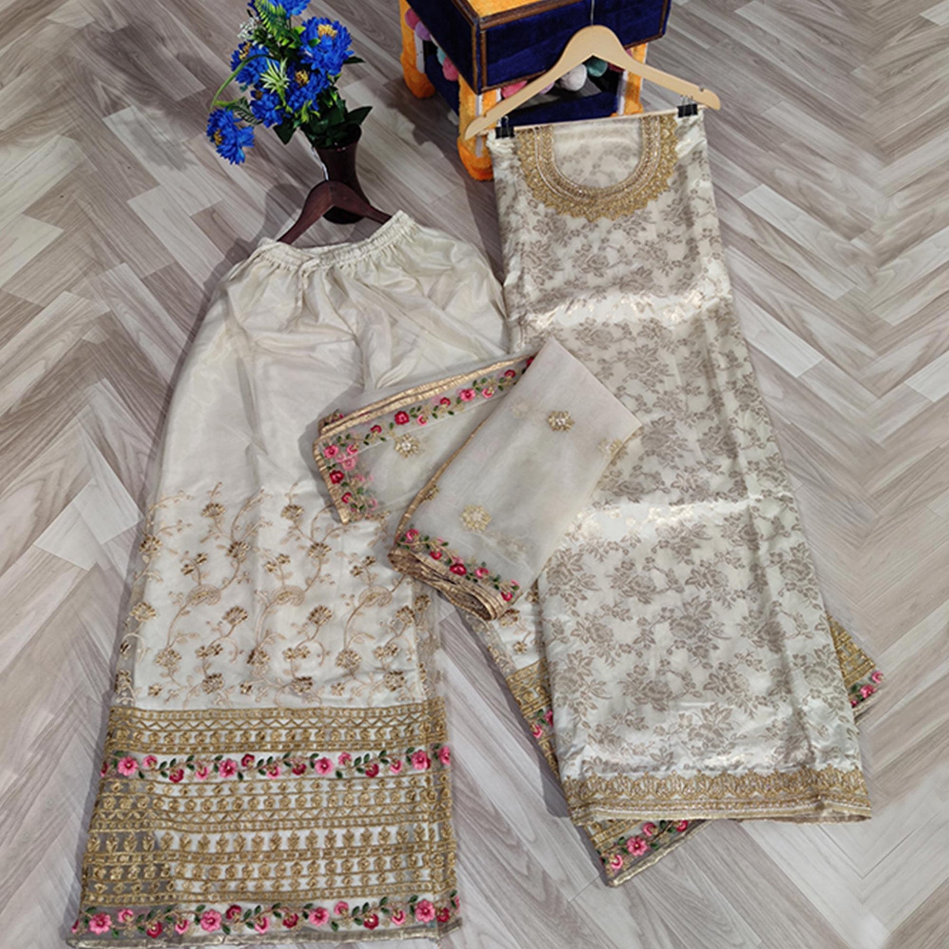 Ethnic Cream Colored designer Partywear Embroidered Dola Jacquard Palazzo Suit