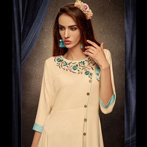 Ethnic Cream Colored Partywear Embroidered Rayon Long Kurti