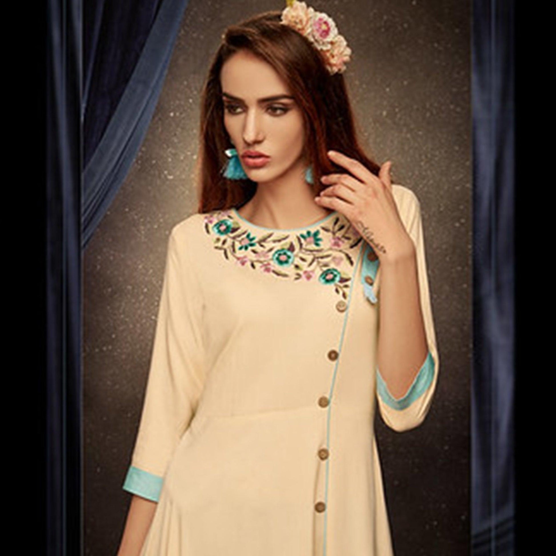 Ethnic Cream Colored Partywear Embroidered Rayon Long Kurti