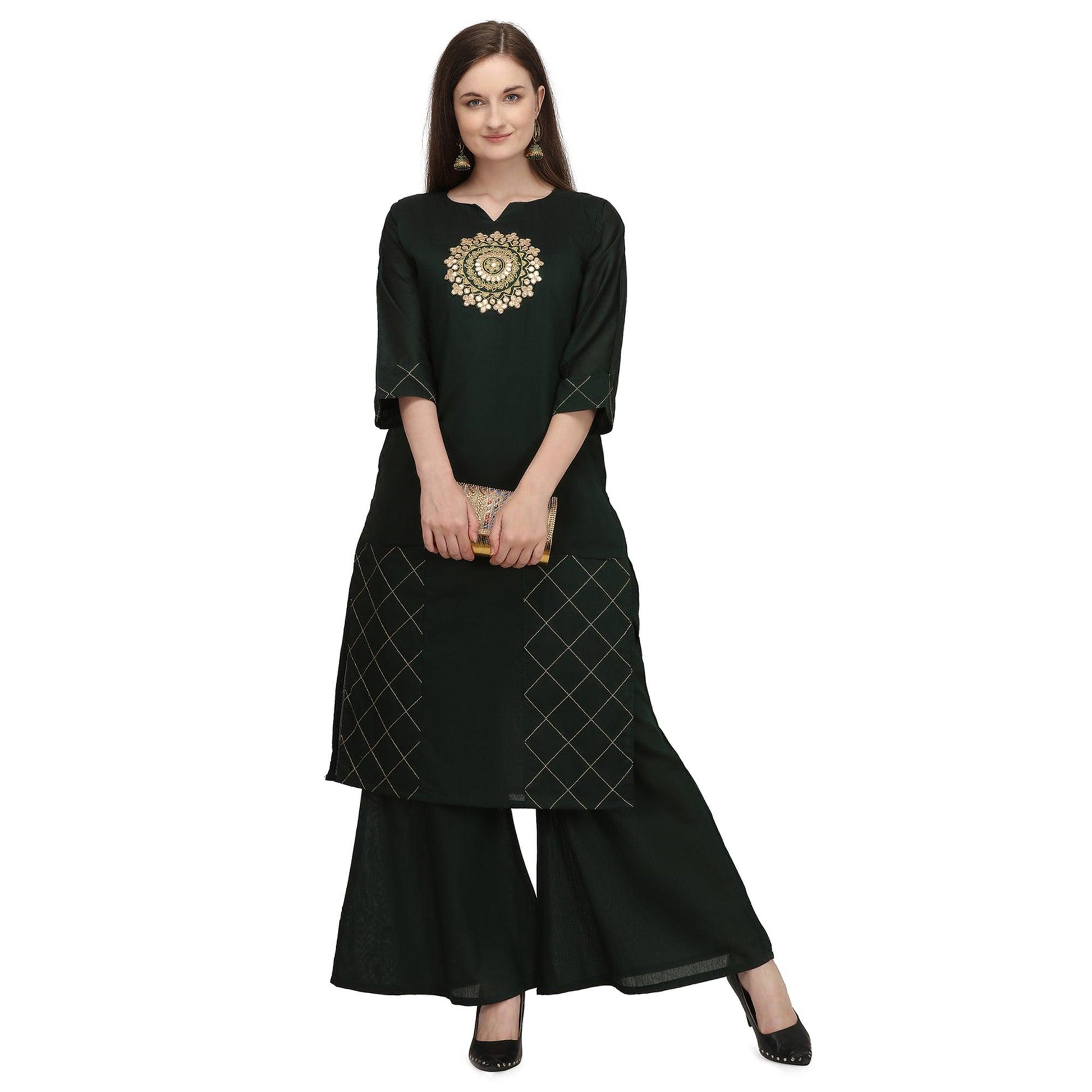 Ethnic Dark Green Colored Partywear Embroidered Pure Viscose Silk Kurti-Palazzo Set