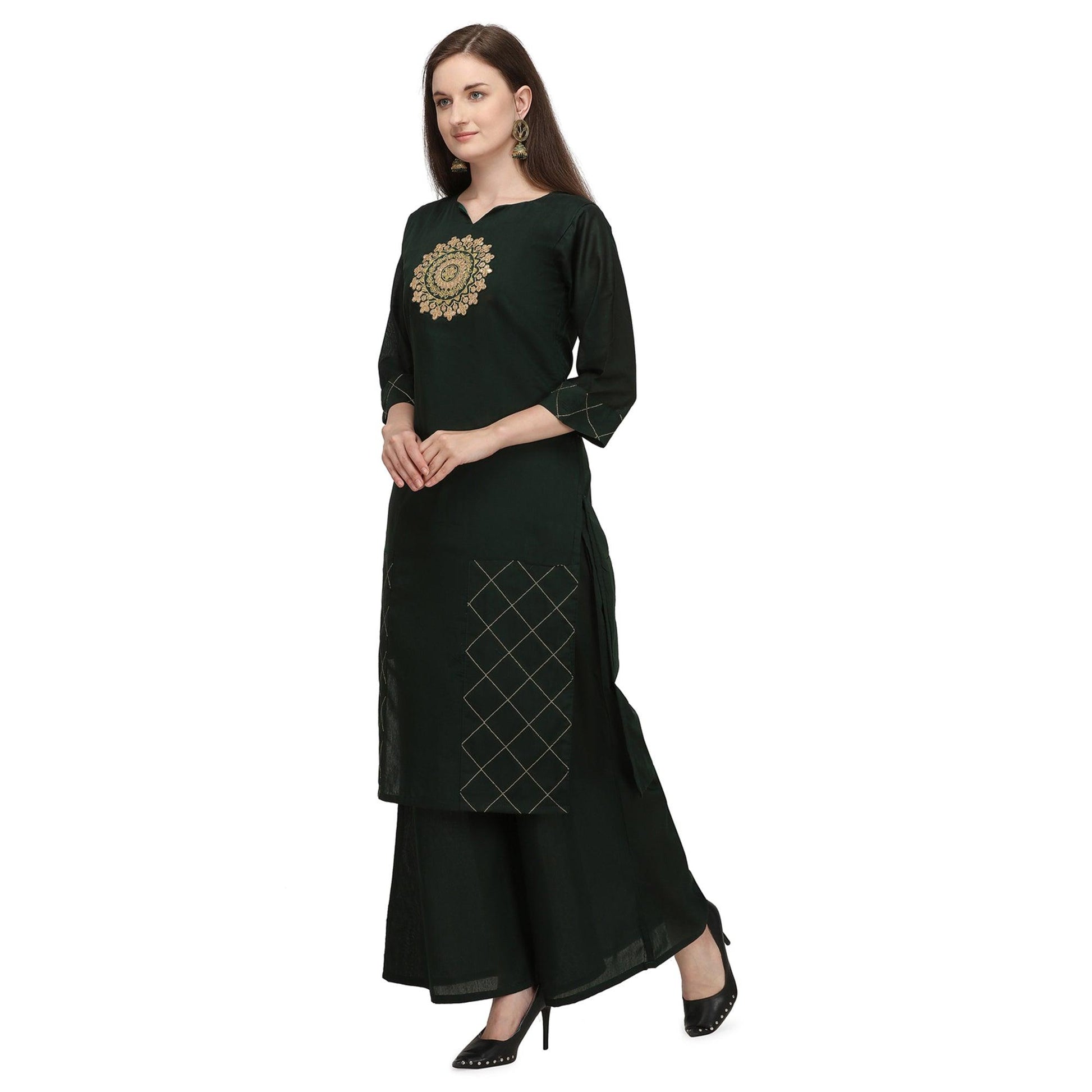 Ethnic Dark Green Colored Partywear Embroidered Pure Viscose Silk Kurti-Palazzo Set