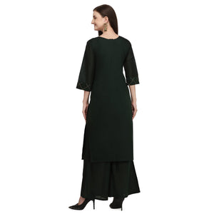 Ethnic Dark Green Colored Partywear Embroidered Pure Viscose Silk Kurti-Palazzo Set