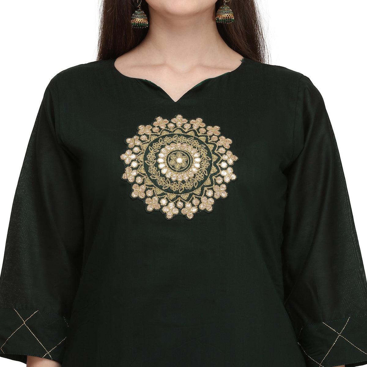 Ethnic Dark Green Colored Partywear Embroidered Pure Viscose Silk Kurti-Palazzo Set