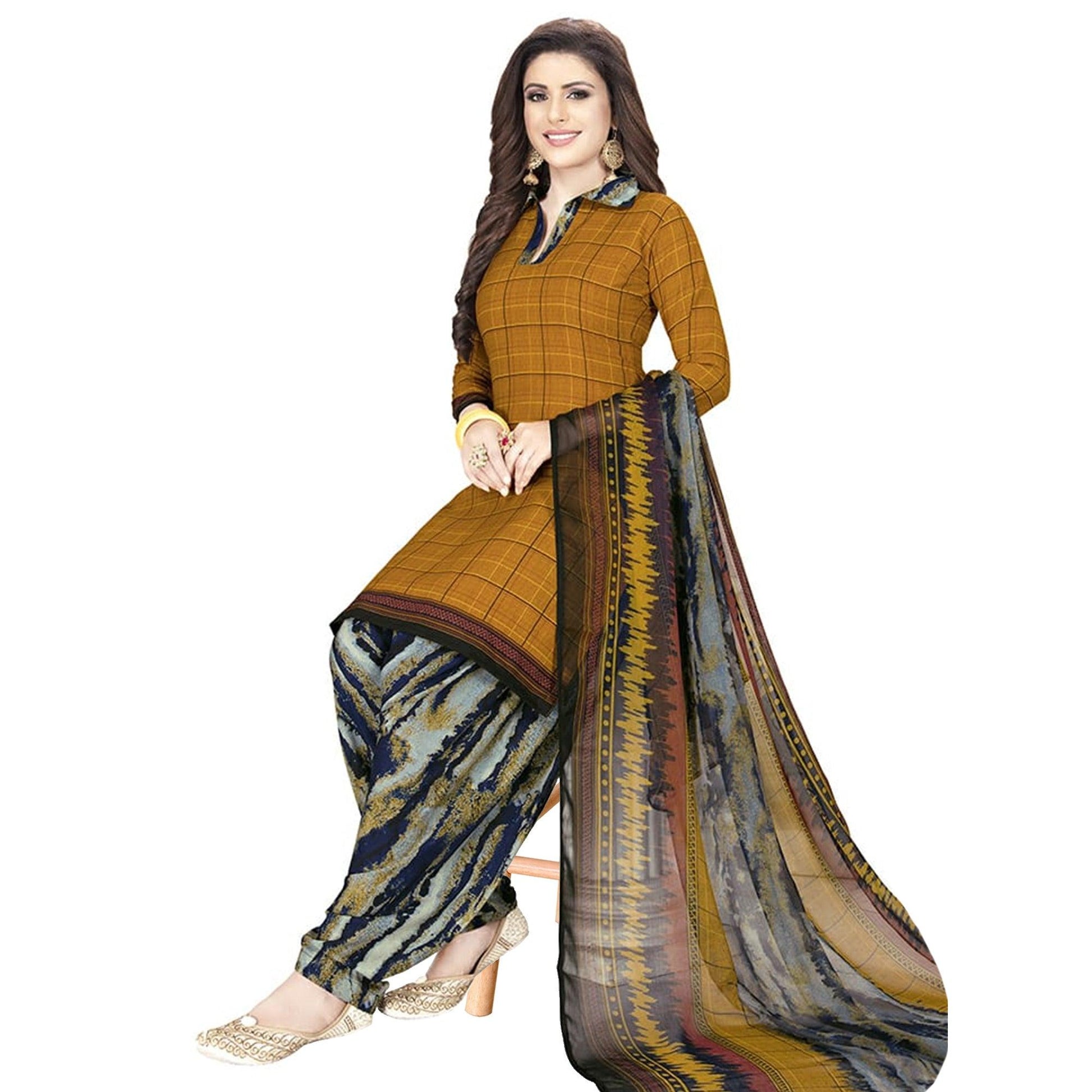 Ethnic Dark Mustard Yellow Colored Casual Printed Crepe Patiala Dress Material
