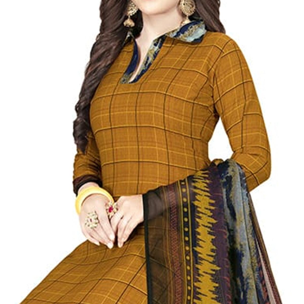 Ethnic Dark Mustard Yellow Colored Casual Printed Crepe Patiala Dress Material
