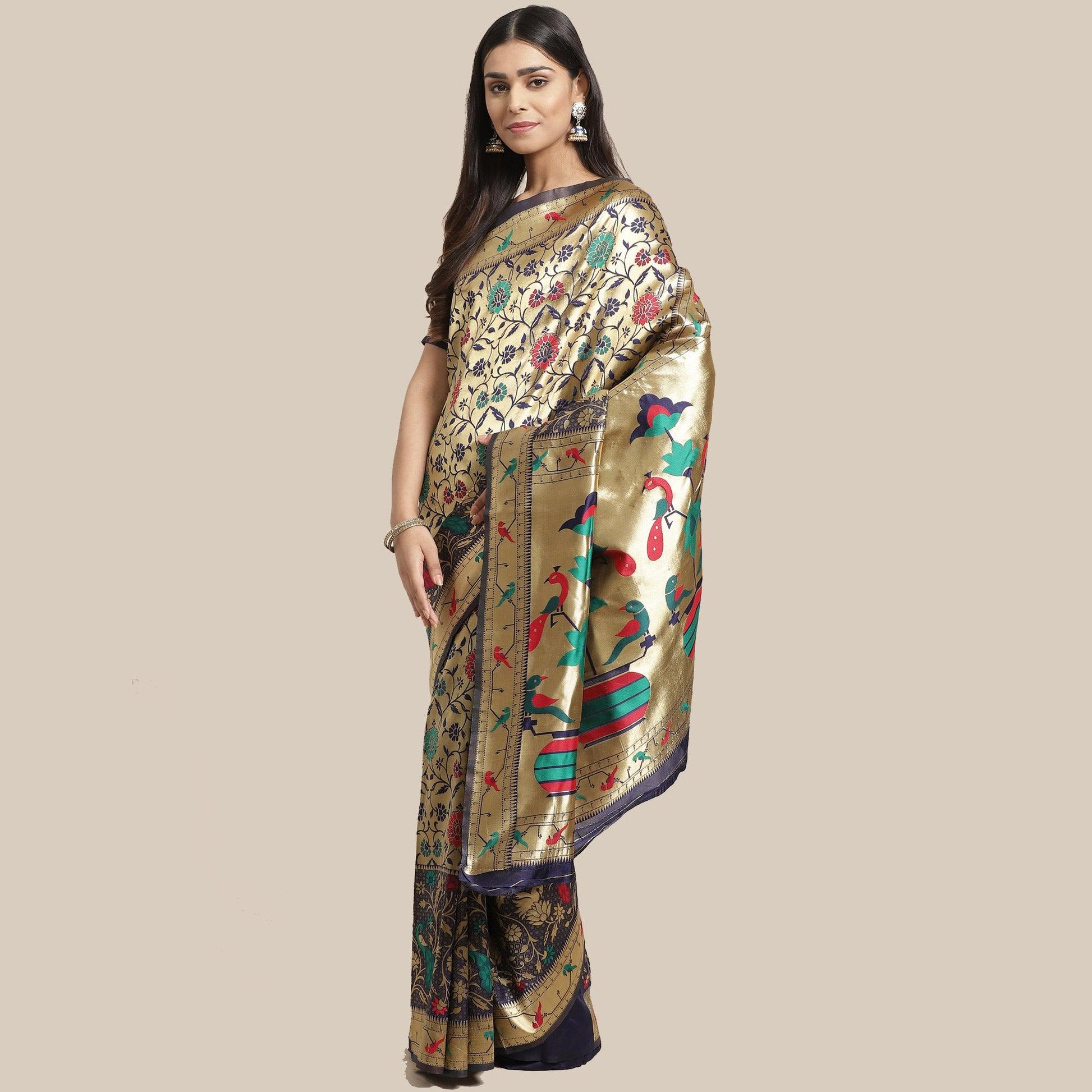 Ethnic Gold-Navy Blue Colored Festive Wear Woven Silk Blend Saree