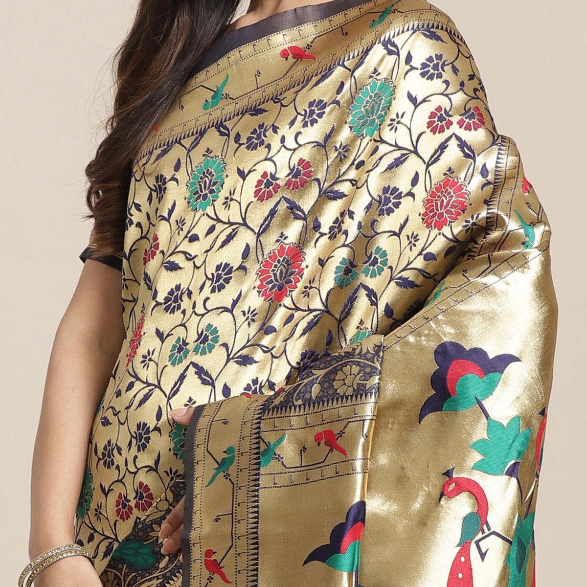 Ethnic Gold-Navy Blue Colored Festive Wear Woven Silk Blend Saree