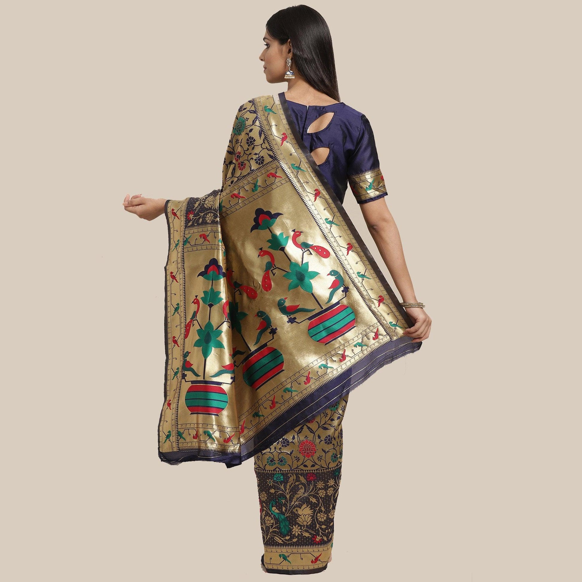 Ethnic Gold-Navy Blue Colored Festive Wear Woven Silk Blend Saree