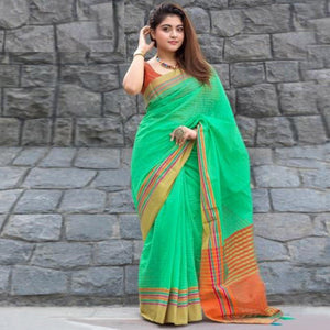 Ethnic Green Colored Festive Wear Woven Cotton Saree