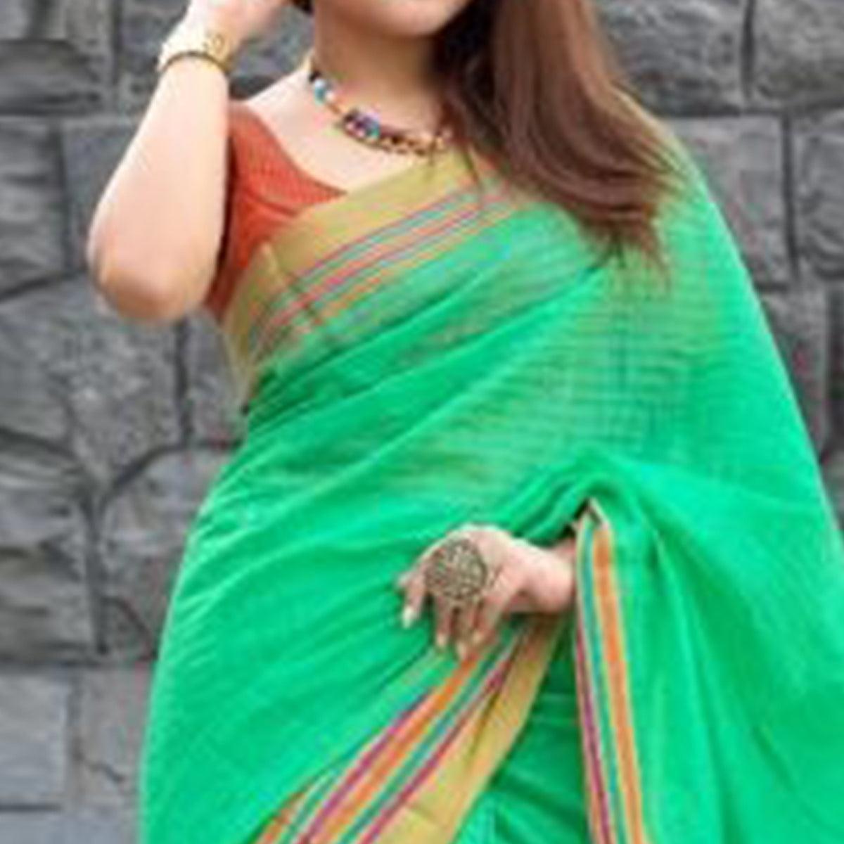 Ethnic Green Colored Festive Wear Woven Cotton Saree