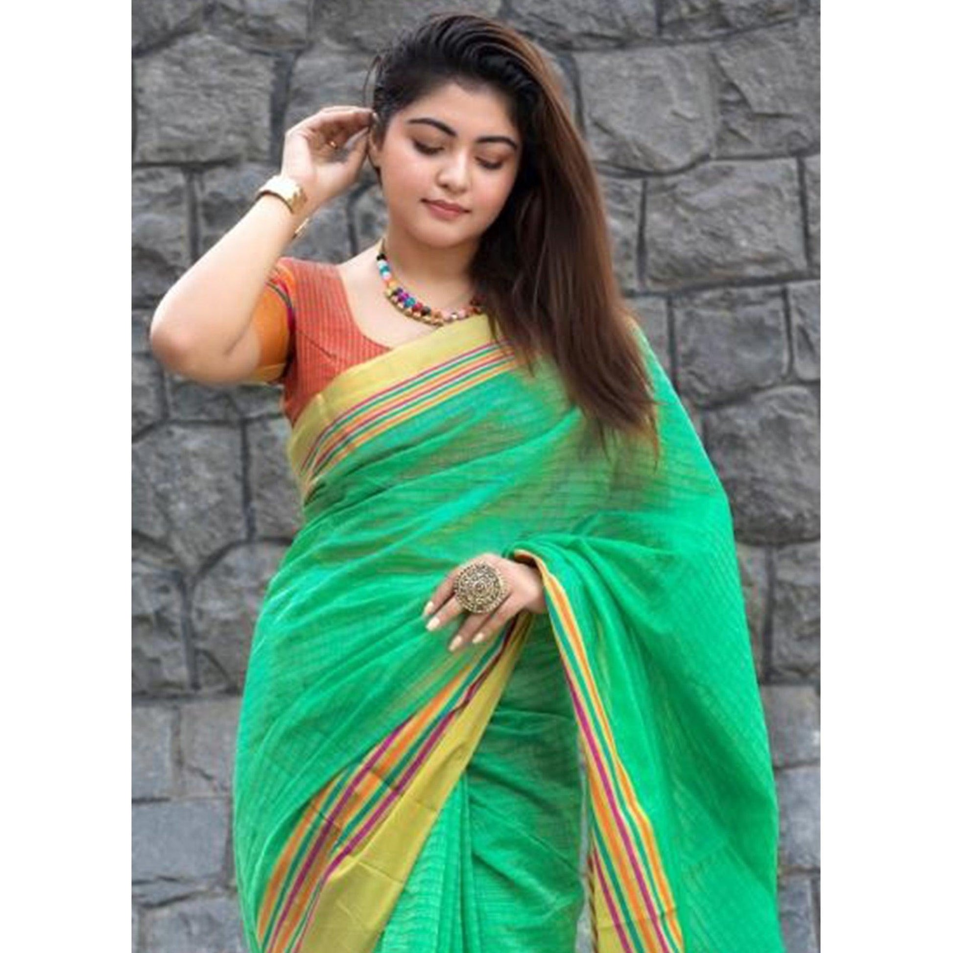 Ethnic Green Colored Festive Wear Woven Cotton Saree