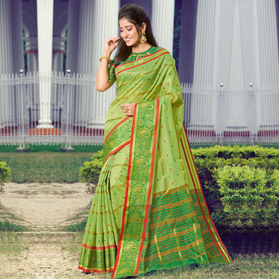 Ethnic Green Colored Festive Wear Woven Handloom Silk Saree