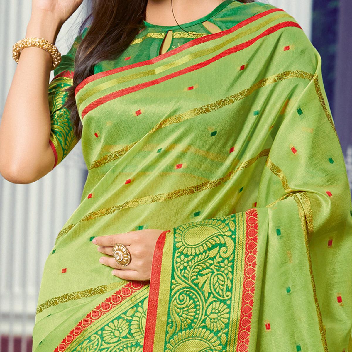 Ethnic Green Colored Festive Wear Woven Handloom Silk Saree