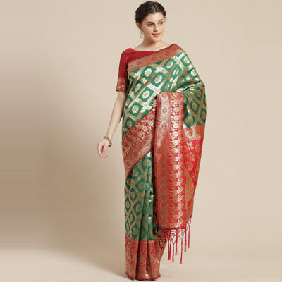 Ethnic Green Colored Festive Wear Woven Silk Belnd Saree With Tassels