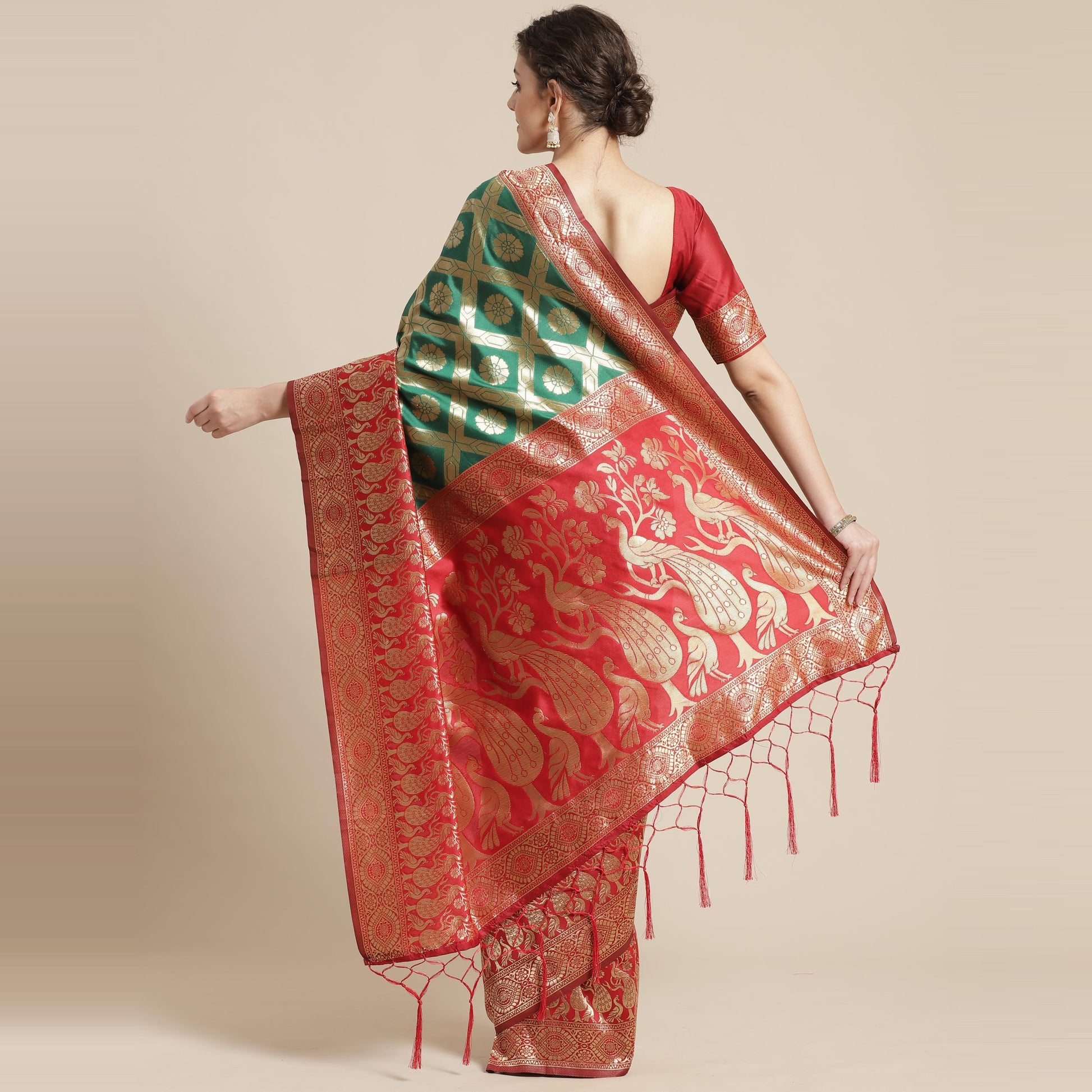 Ethnic Green Colored Festive Wear Woven Silk Belnd Saree With Tassels