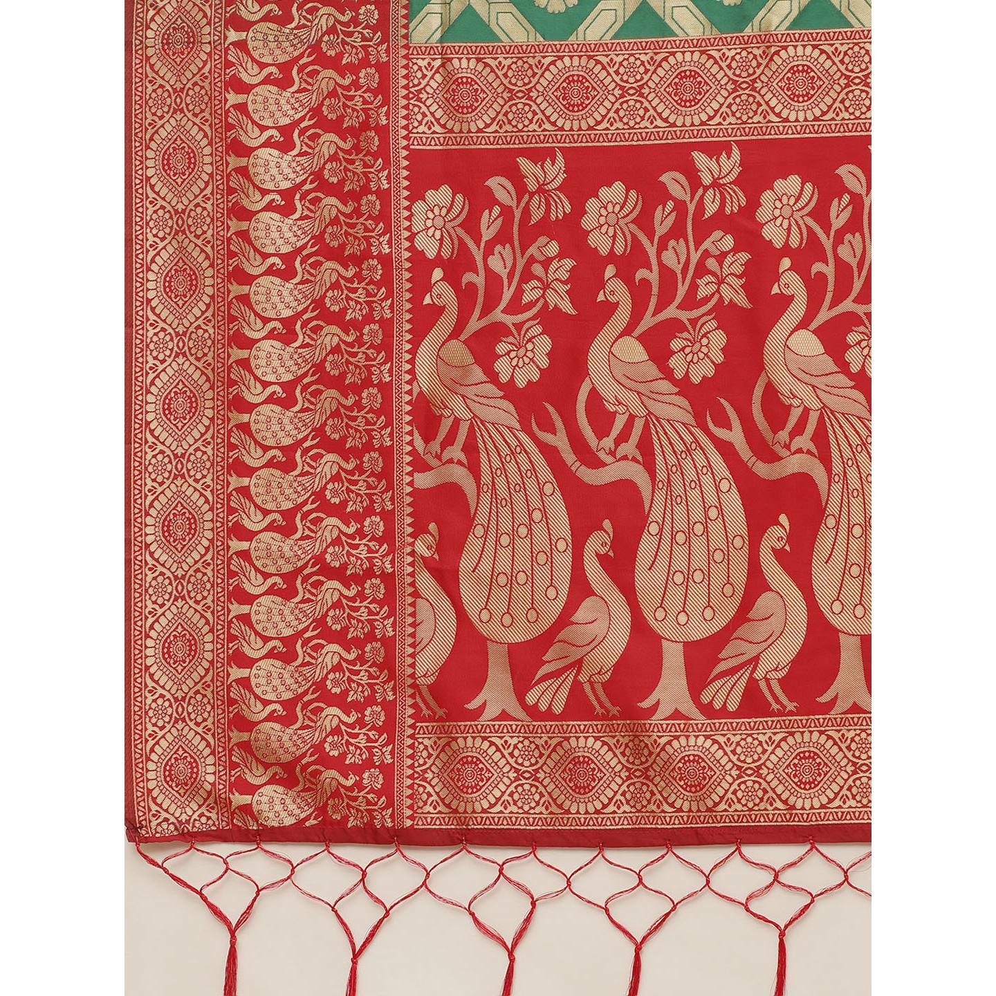 Ethnic Green Colored Festive Wear Woven Silk Belnd Saree With Tassels
