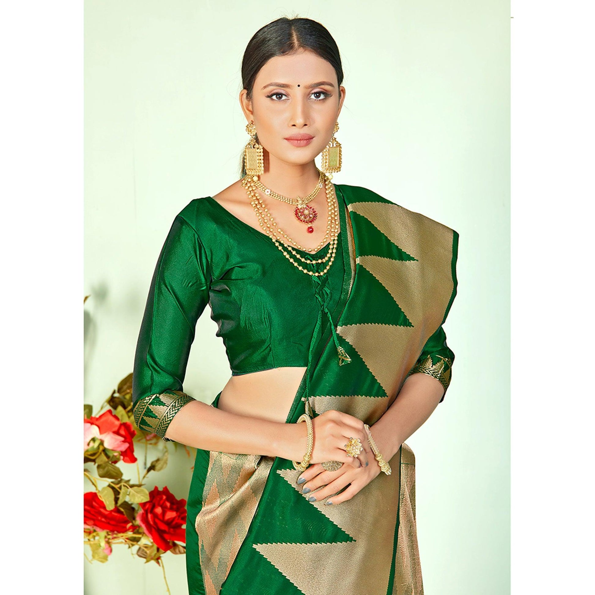 Ethnic Green Colored Festive Wear Woven Silk Saree